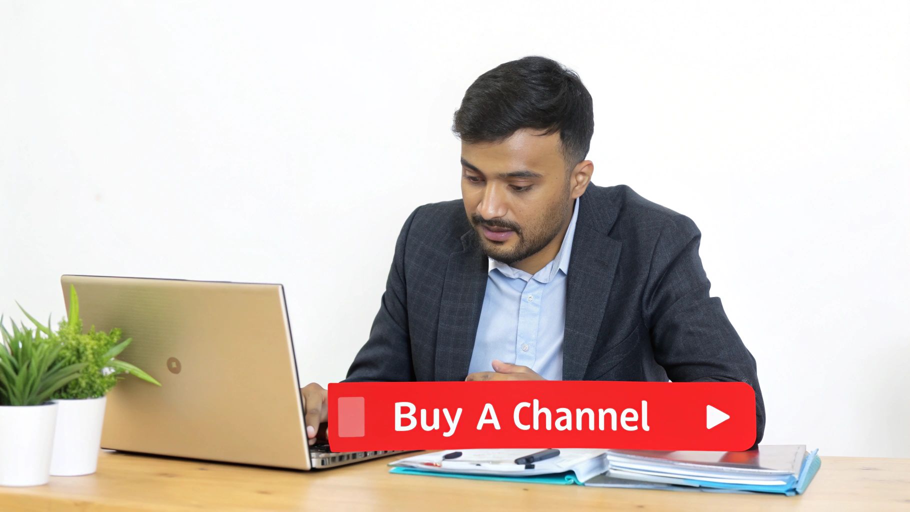 A man in a suit looks at his laptop screen with a 'Buy A Channel' button overlay.