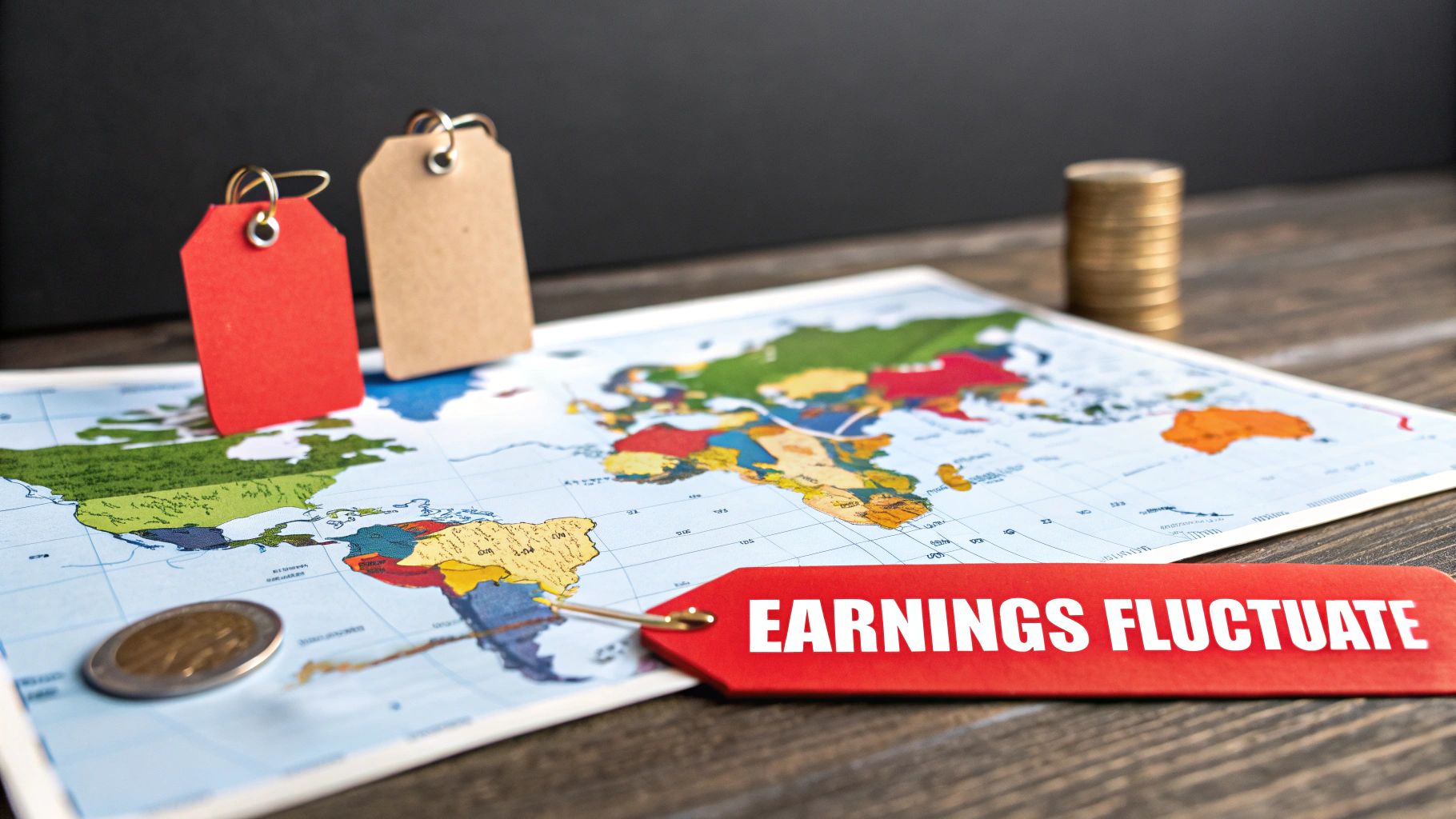 Global map, coins, and a tag stating "EARNINGS FLUCTUATE", symbolizing financial uncertainty.