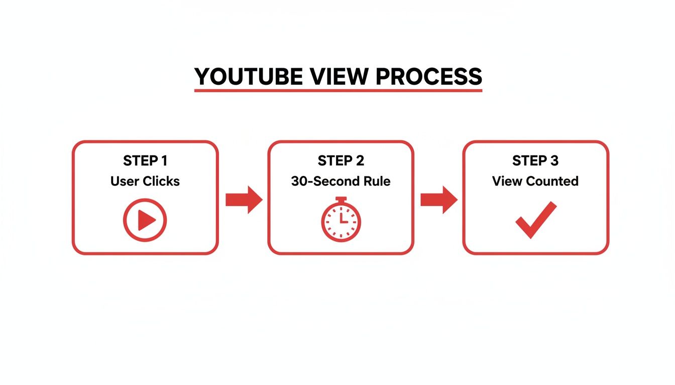 Flowchart illustrating the three-step YouTube view process: user clicks, 30-second rule, and view counted.
