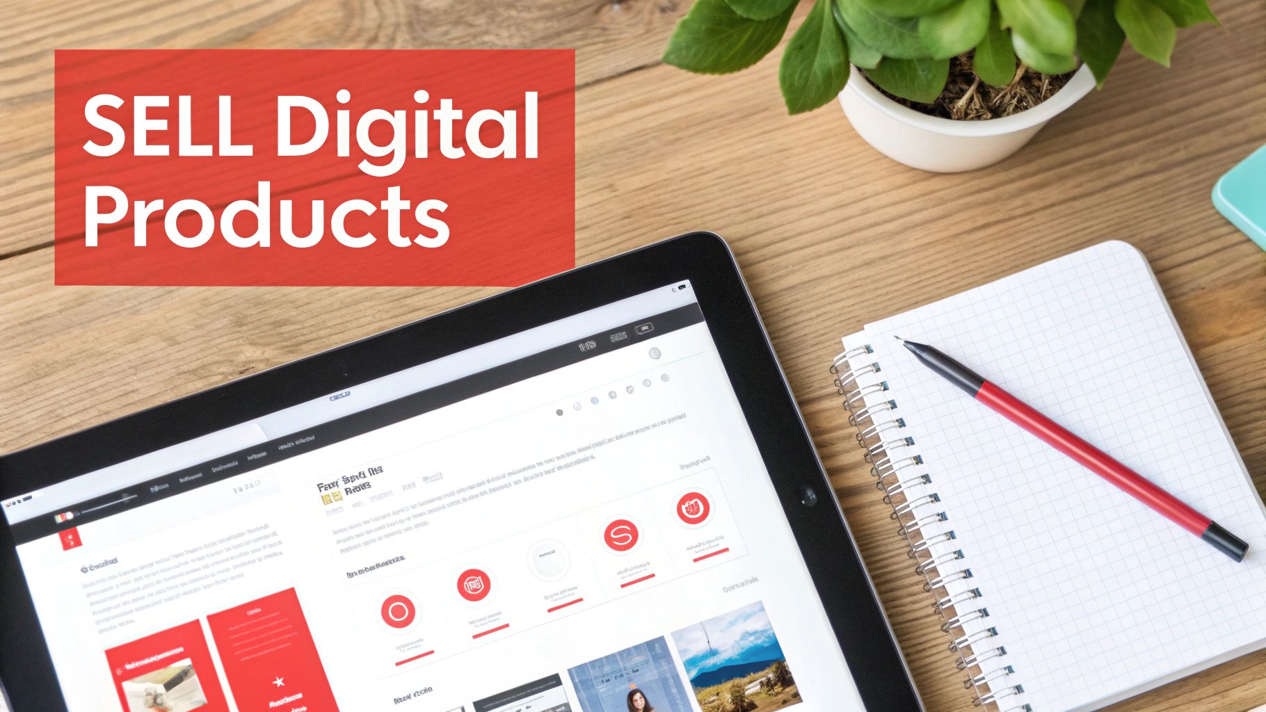 A workspace flat lay with a tablet displaying a website, a notebook, a pen, and text 'SELL Digital Products'.