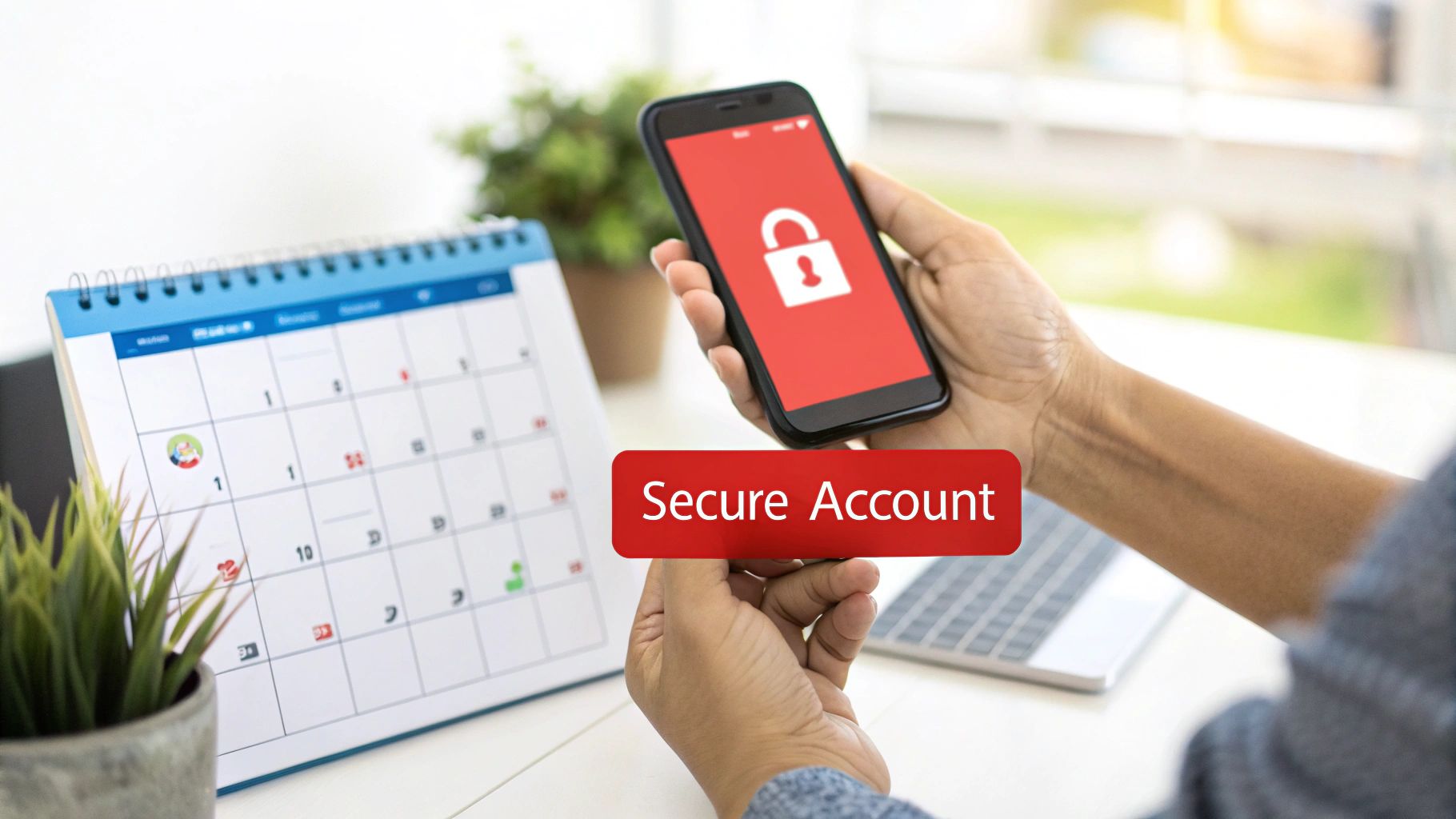 A person holds a smartphone with a lock icon and a 'Secure Account' button, emphasizing online security.