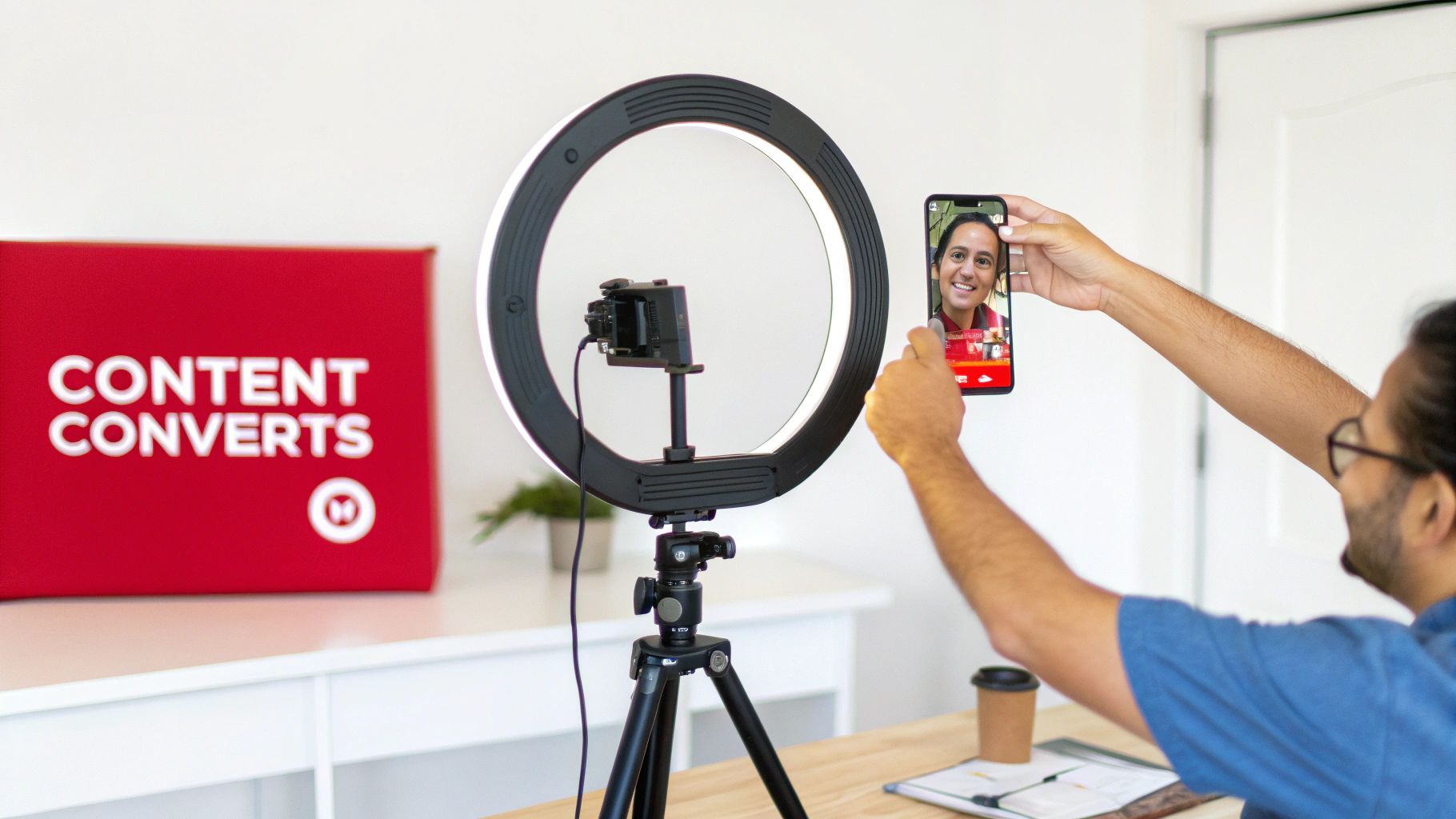 Content creator recording video call with ring light for social media marketing