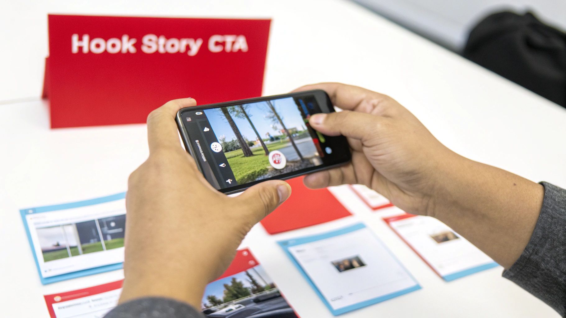 A person's hands hold a smartphone, pointing it at various documents on a white table, with a red 'Hook Story CTA' sign in the background.