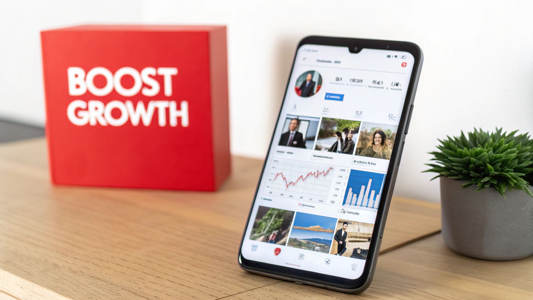 A red 'BOOST GROWTH' box and smartphone with business analytics, alongside a green succulent plant.