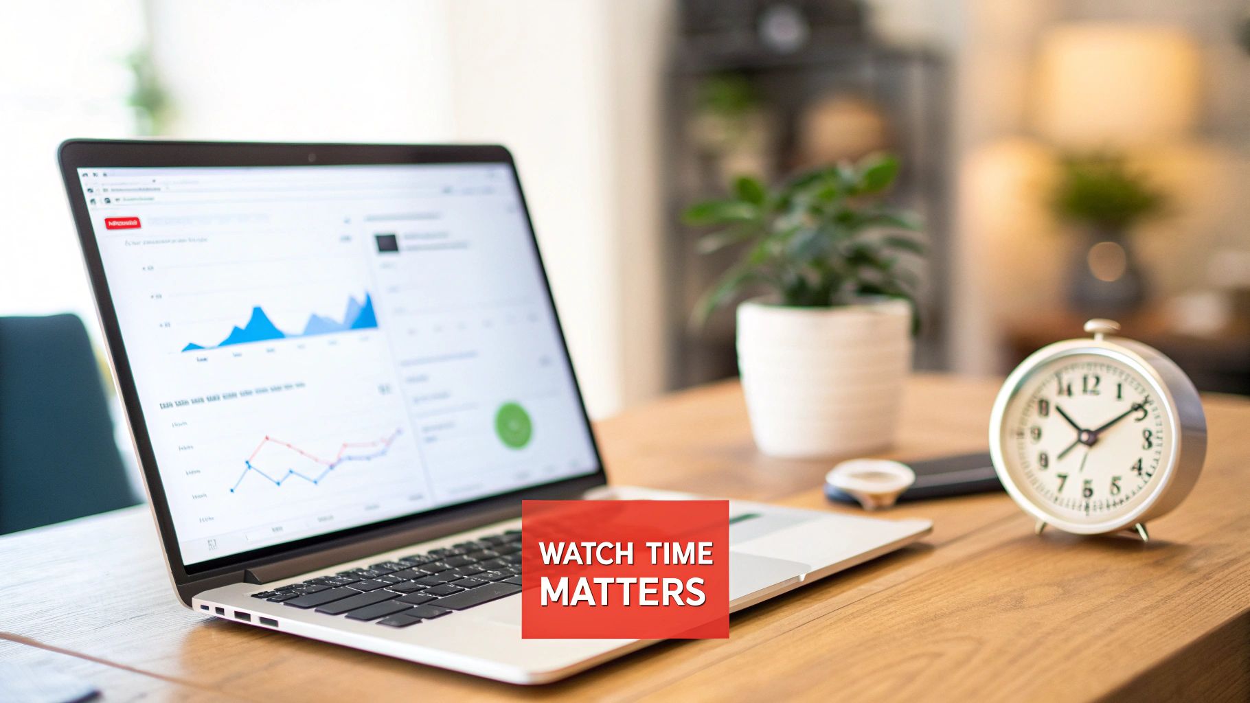 A laptop displaying analytics graphs, an alarm clock, and a potted plant on a wooden desk, with 'watch time matters' overlay.