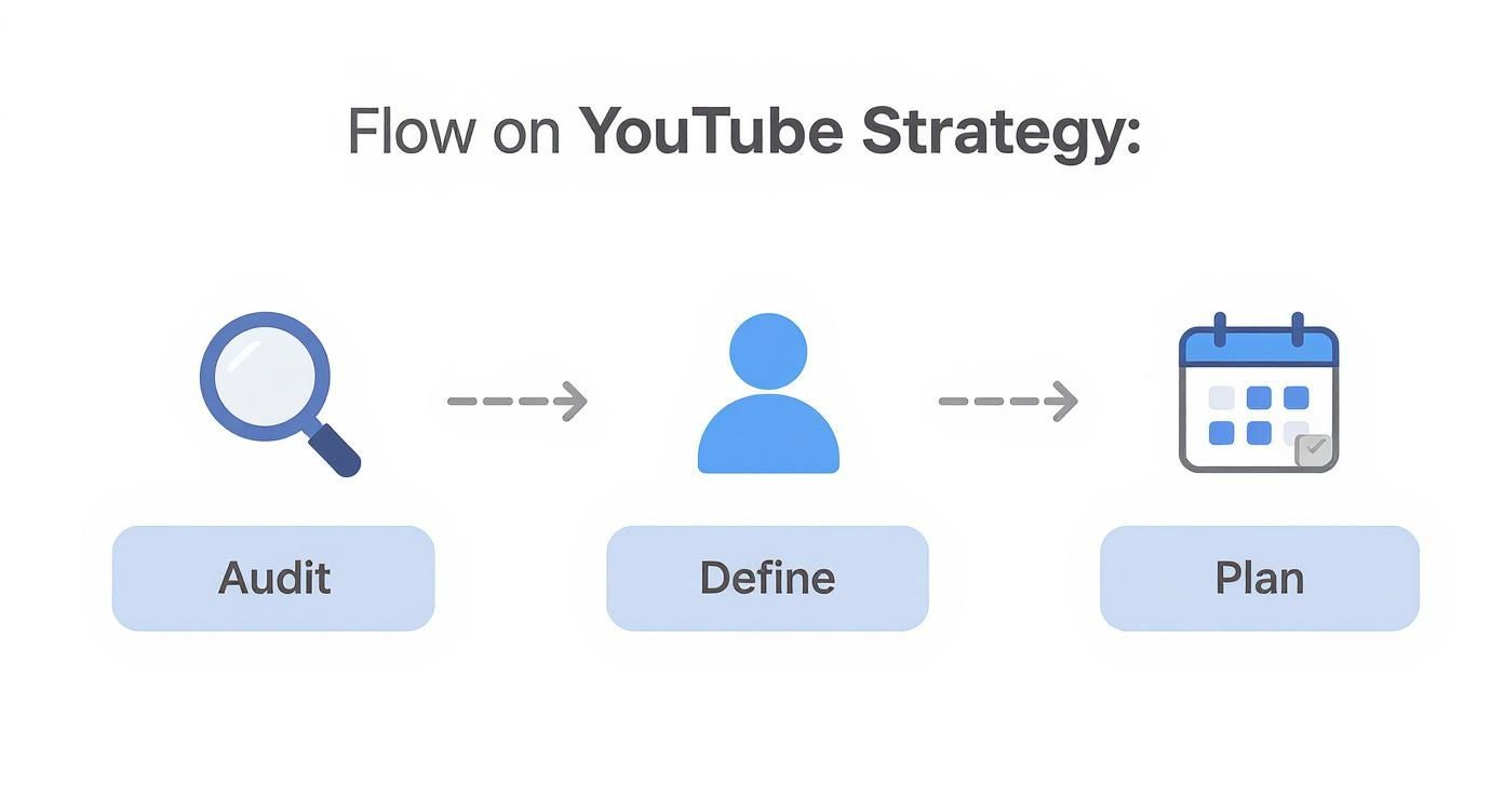A flow diagram illustrating a YouTube strategy with three steps: Audit, Define, and Plan.