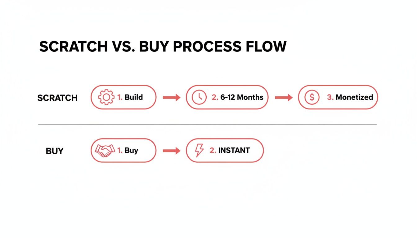 Diagram showing 'scratch' process: build, 6-12 months, monetized. 'Buy' process: buy, instant.