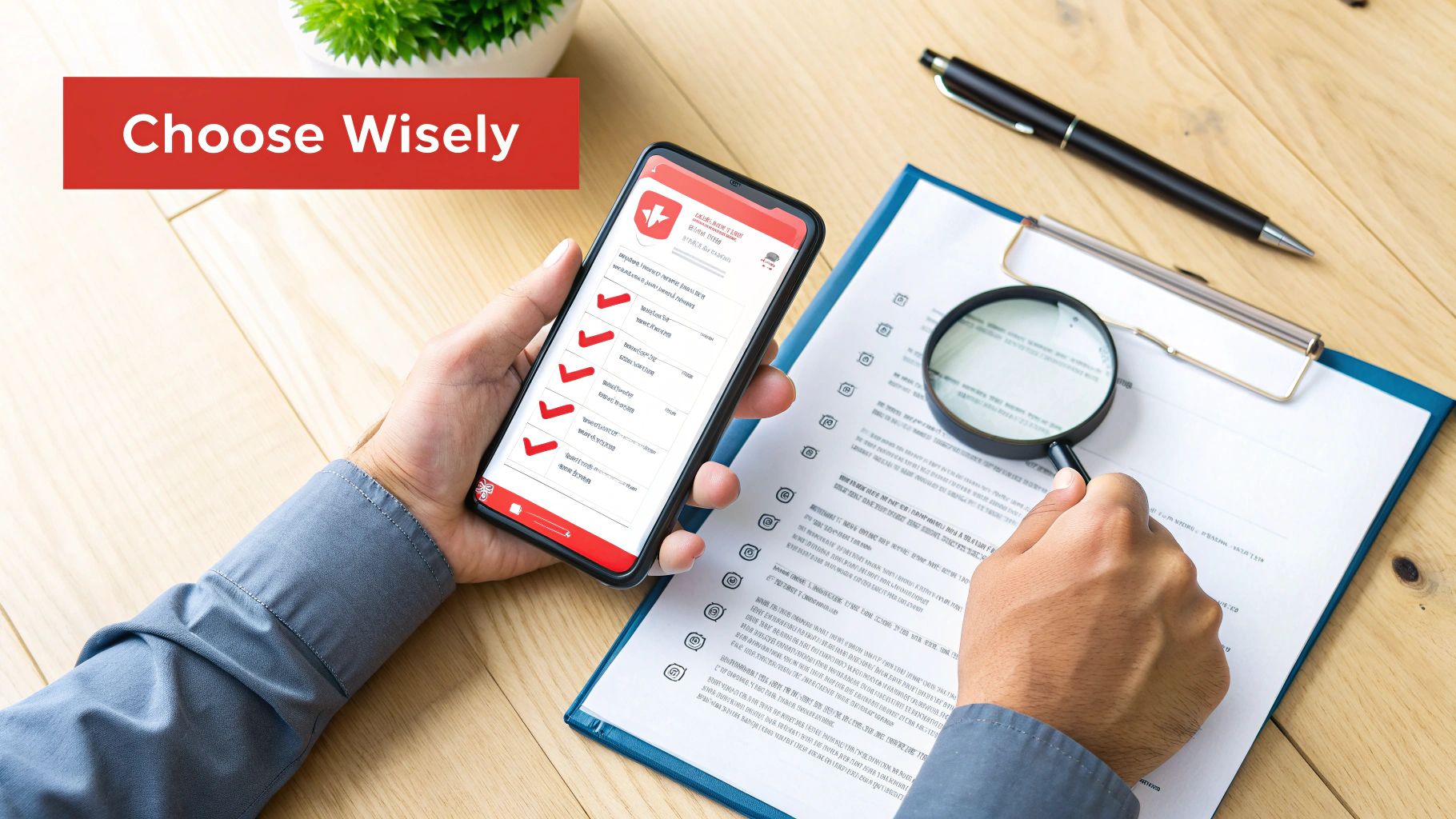 A person makes a wise choice, reviewing options on a smartphone app and documents with a magnifying glass.