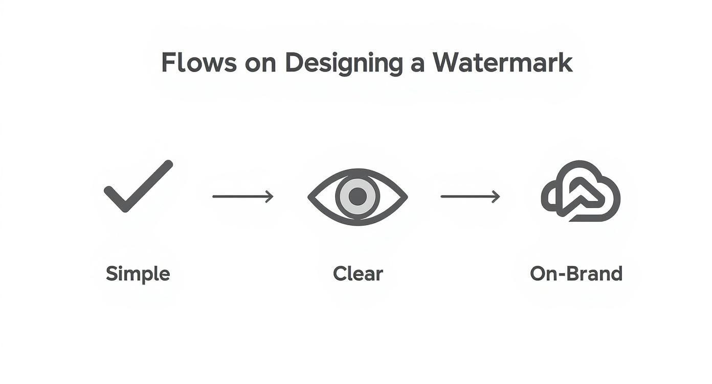 Infographic showing three steps for designing a watermark: simple, clear, and on-brand, with icons.