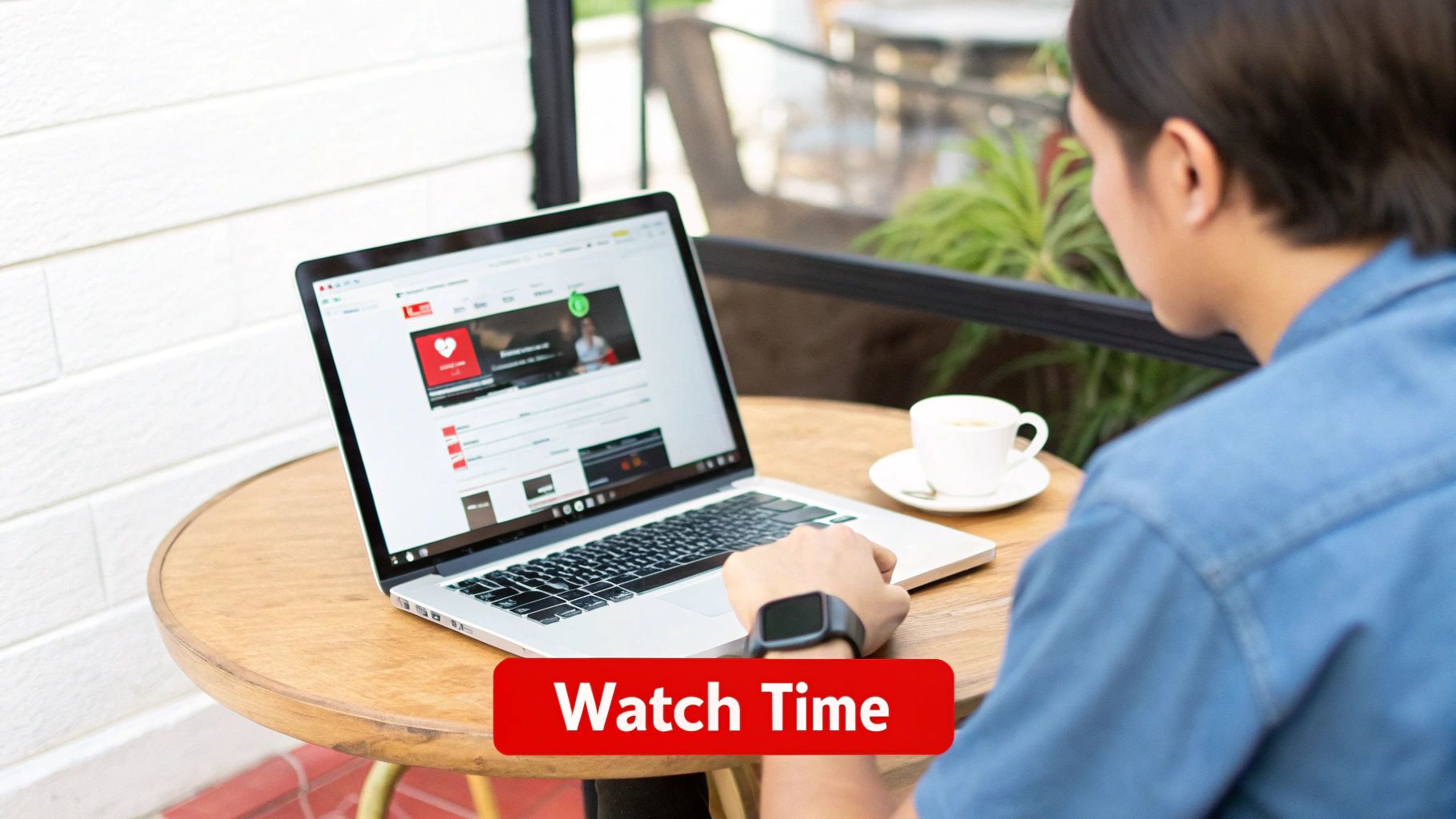 Person watching a video on a laptop, sitting at a table with coffee, emphasizing watch time.