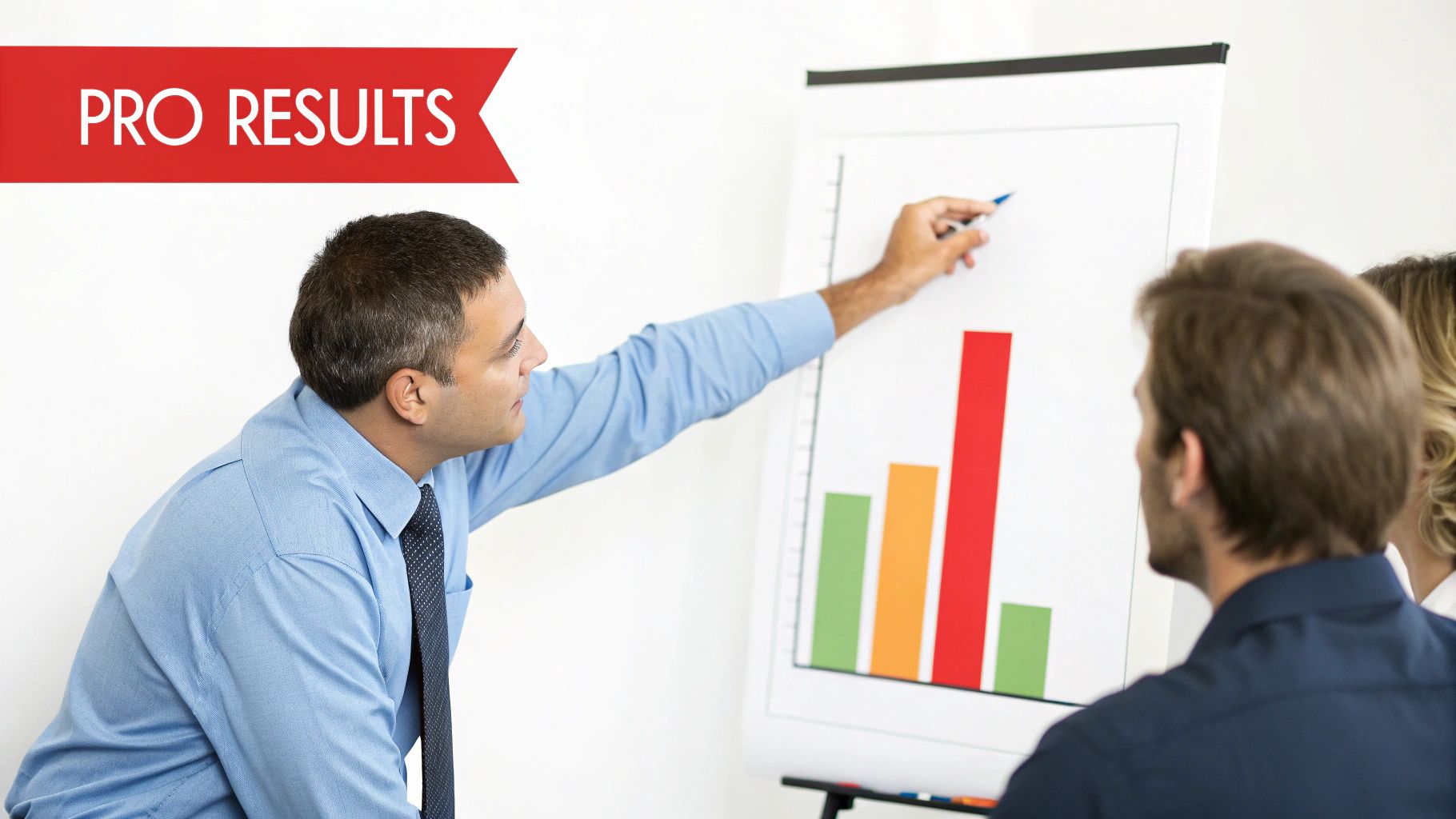A professional man presents a 'PRO RESULTS' bar graph on a whiteboard to his team.
