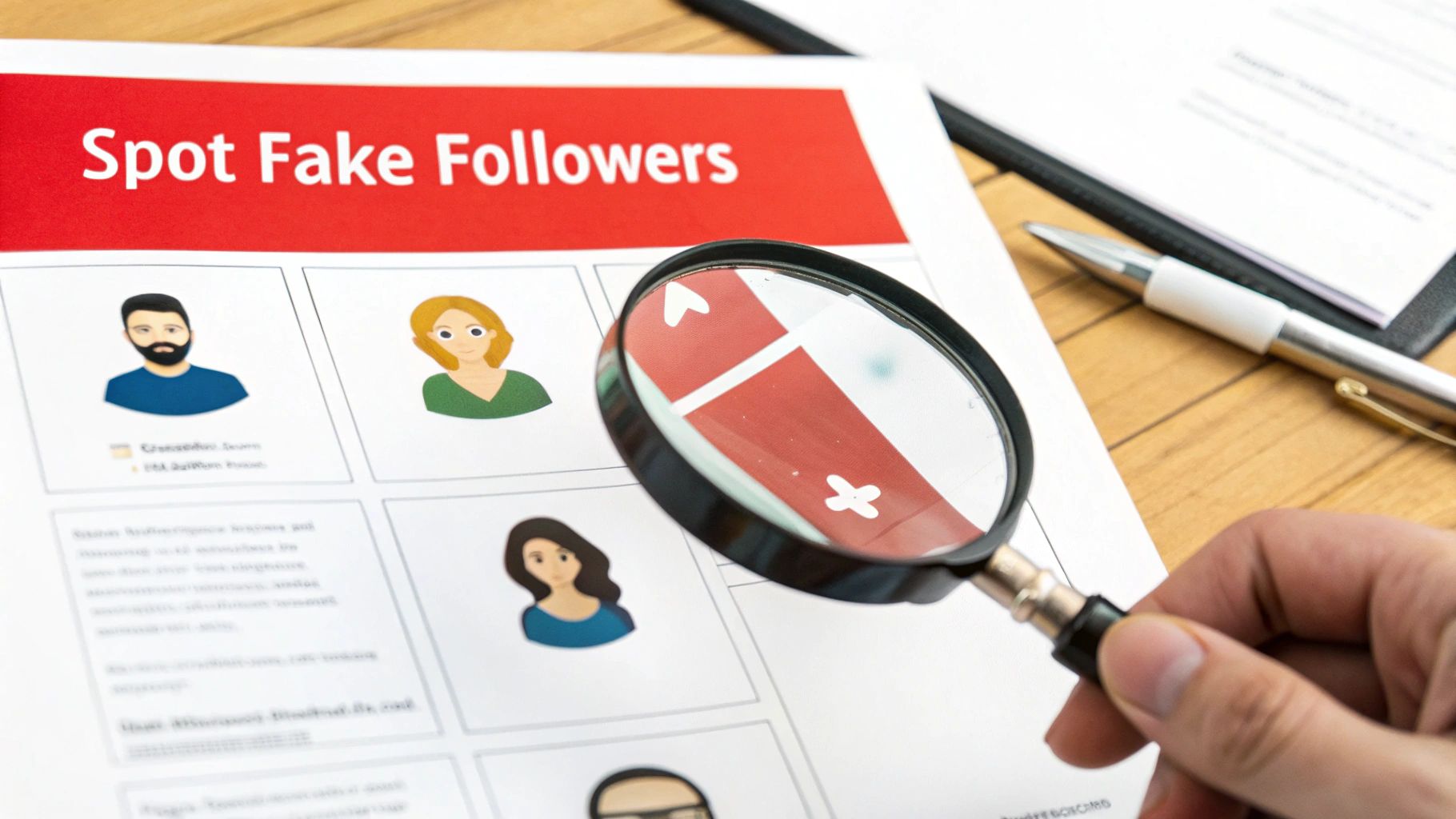 A hand uses a magnifying glass to examine a document titled 'Spot Fake Followers' with cartoon profile pictures.