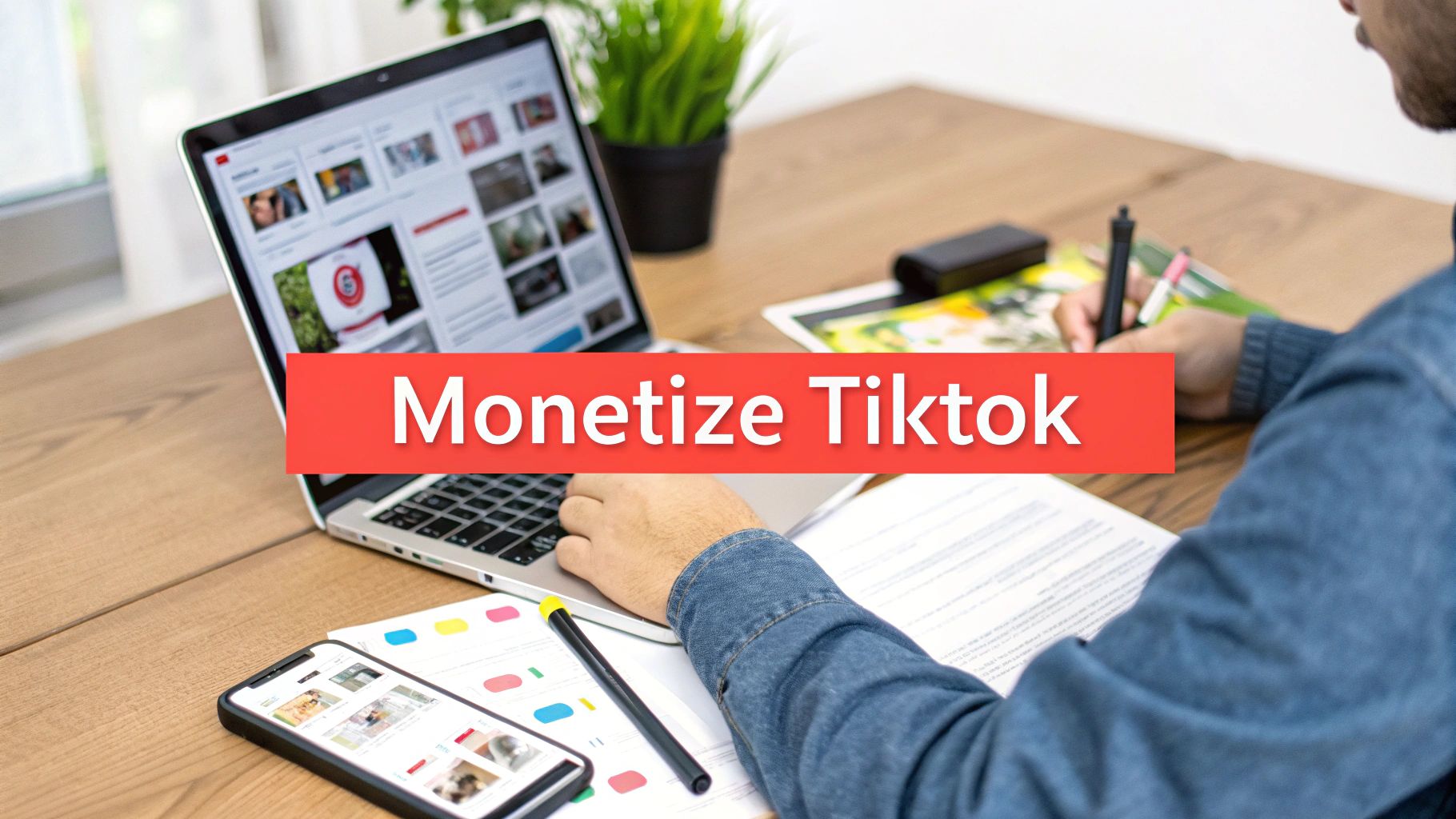 A person works on a laptop and phone at a desk, with a 'Monetize Tiktok' banner overlaid.