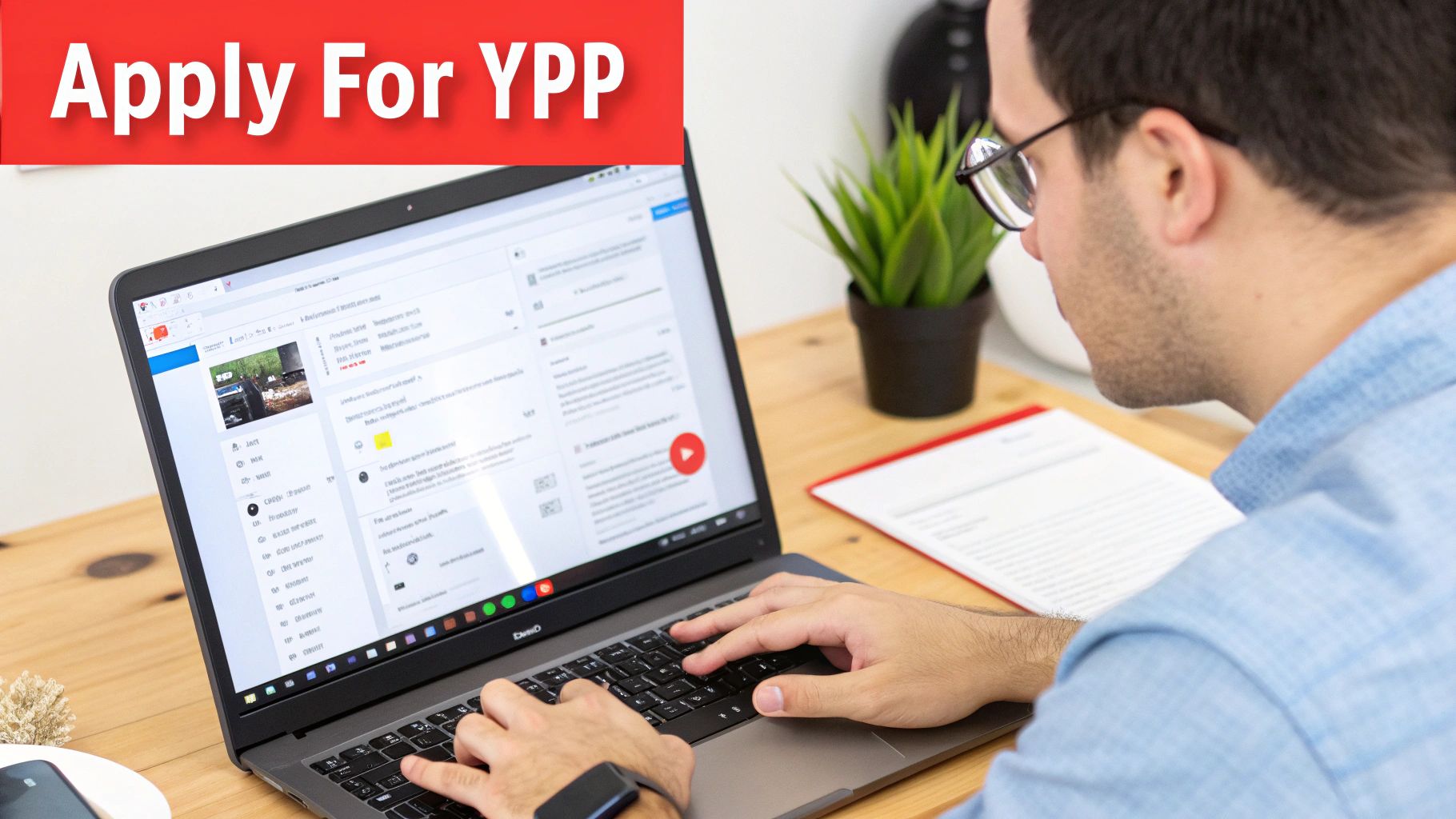 A man wearing glasses types on a laptop at a desk, with a red banner stating "Apply For YPP".