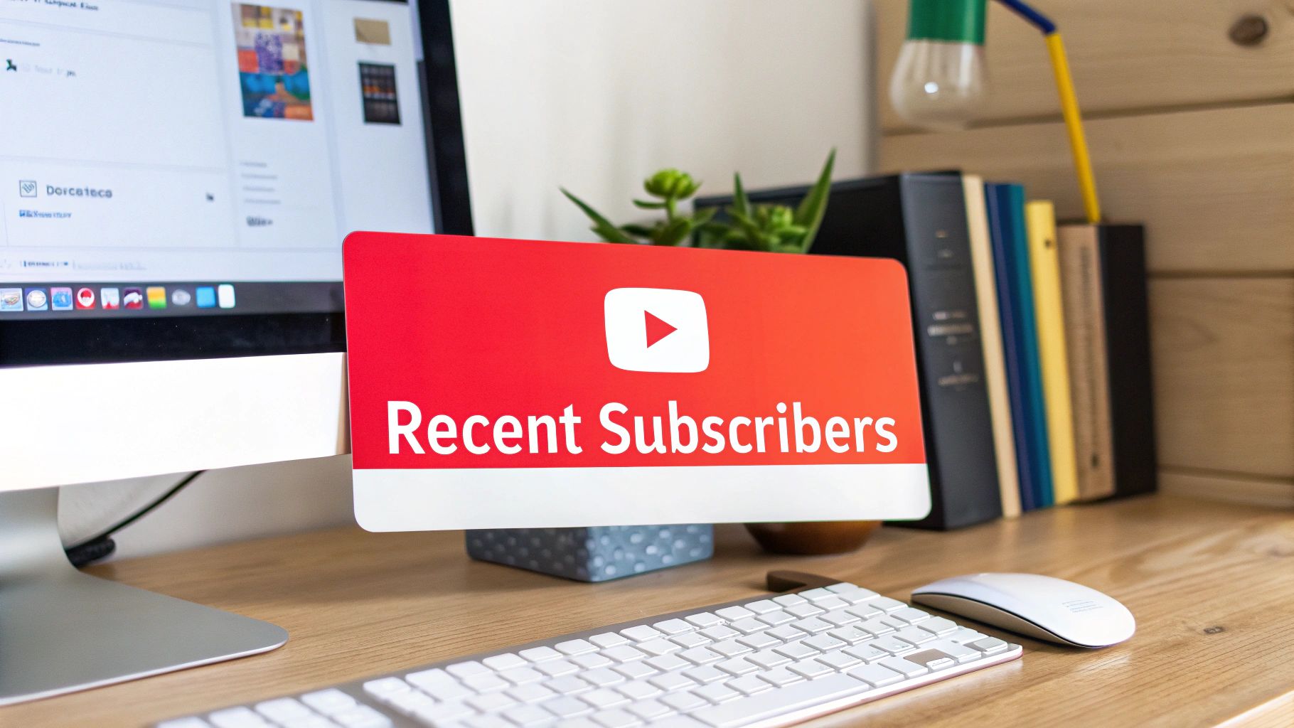 A desktop setup with a computer displaying a YouTube "Recent Subscribers" sign and a keyboard.