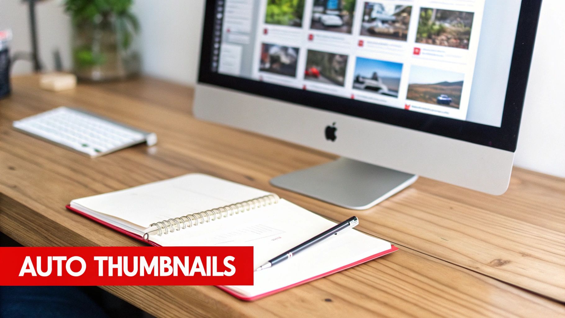 A modern workspace with an Apple iMac displaying photo thumbnails, a notebook, pen, and keyboard.