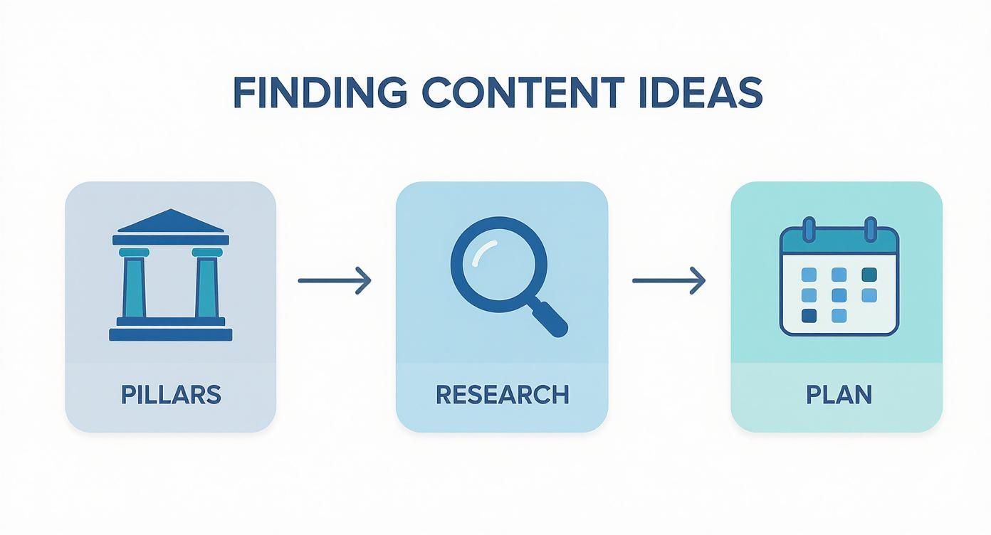 Three-step content strategy process showing pillars, research with magnifying glass, and planning calendar icons