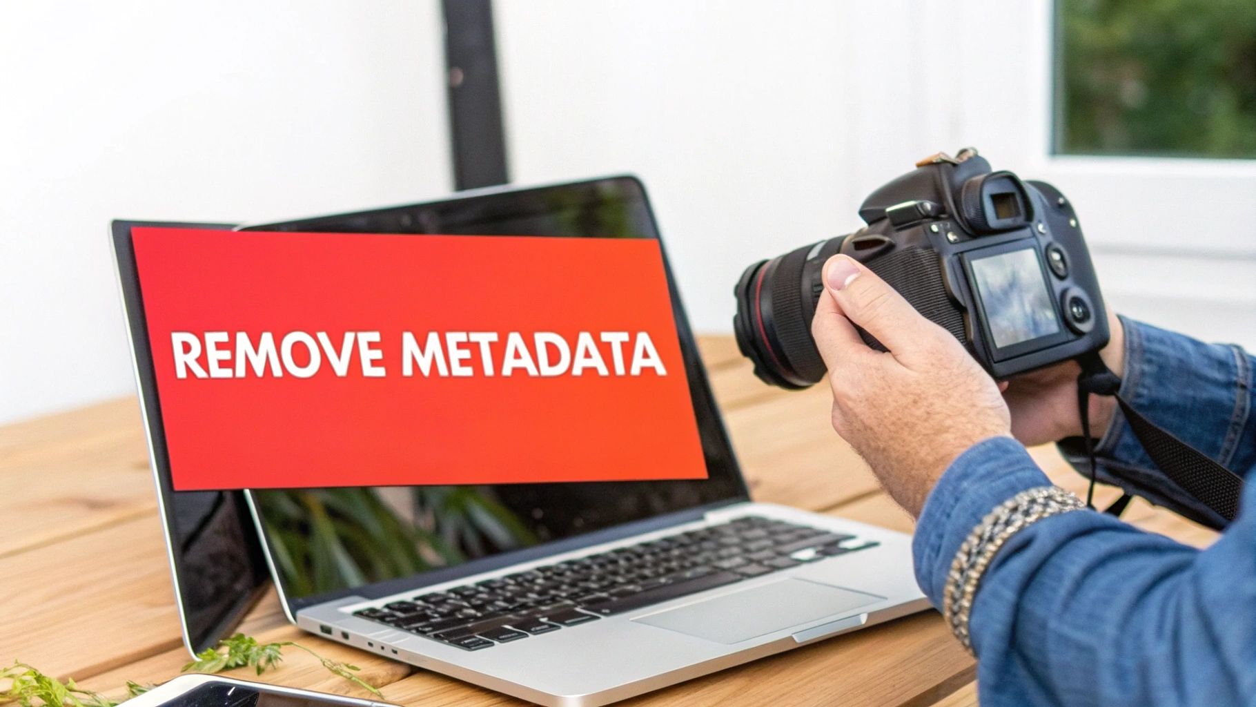 A person holds a DSLR camera next to a laptop displaying 'REMOVE METADATA' on its screen.