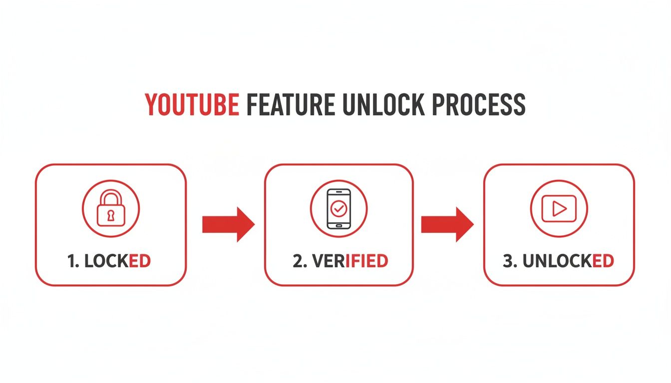 Diagram illustrating the YouTube feature unlock process from a locked state to unlocked via verification.