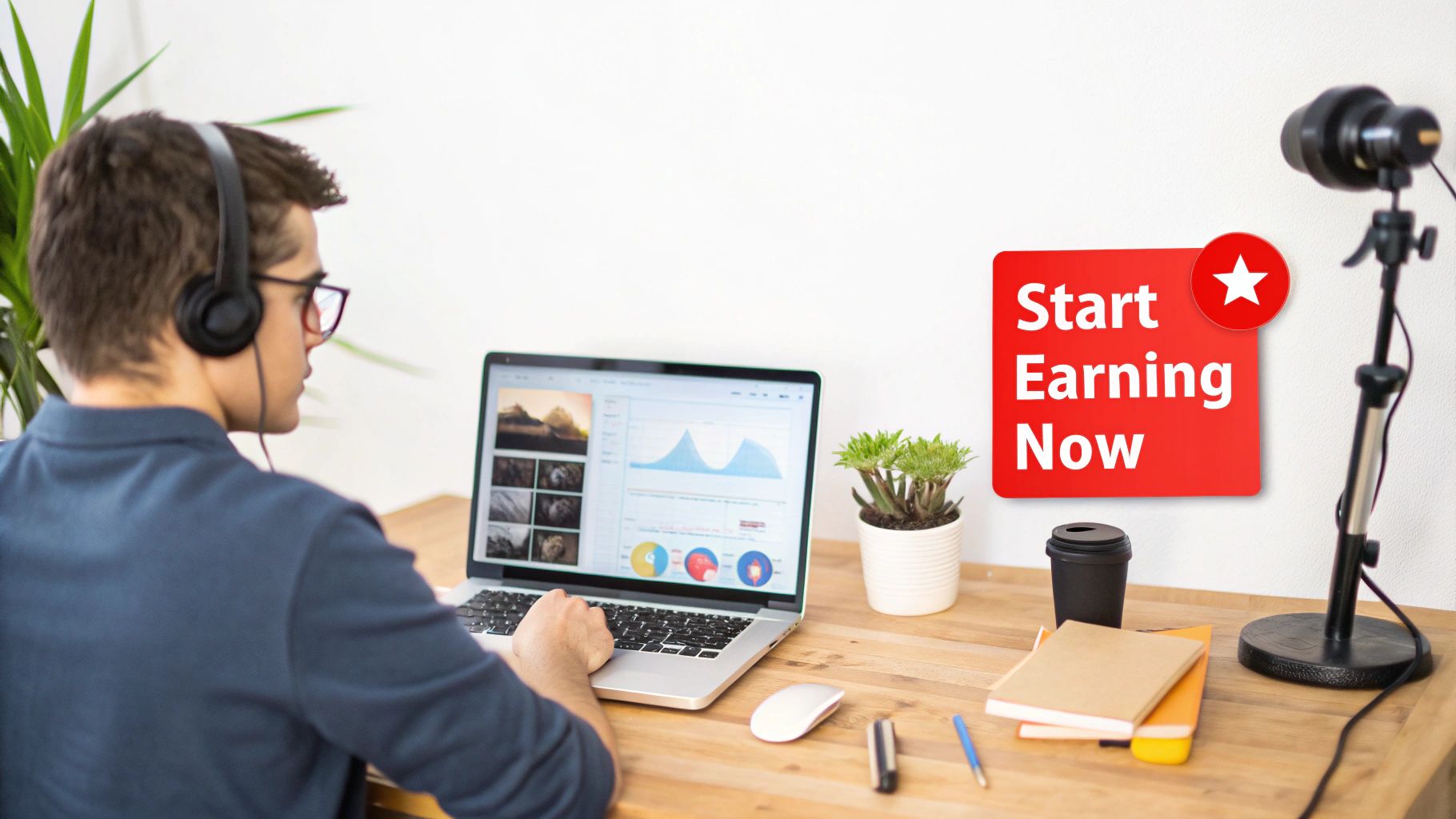 A young man with headphones works on a laptop showing data, next to a 'Start Earning Now' sign.