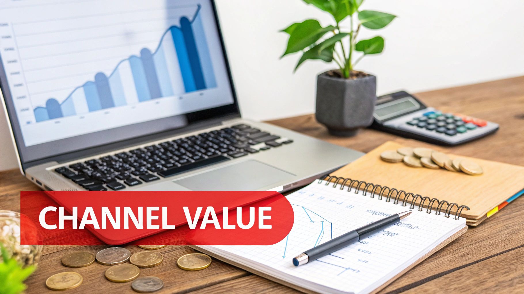 A desk with a laptop showing a growth graph, a notebook, coins, and a 'CHANNEL VALUE' banner.