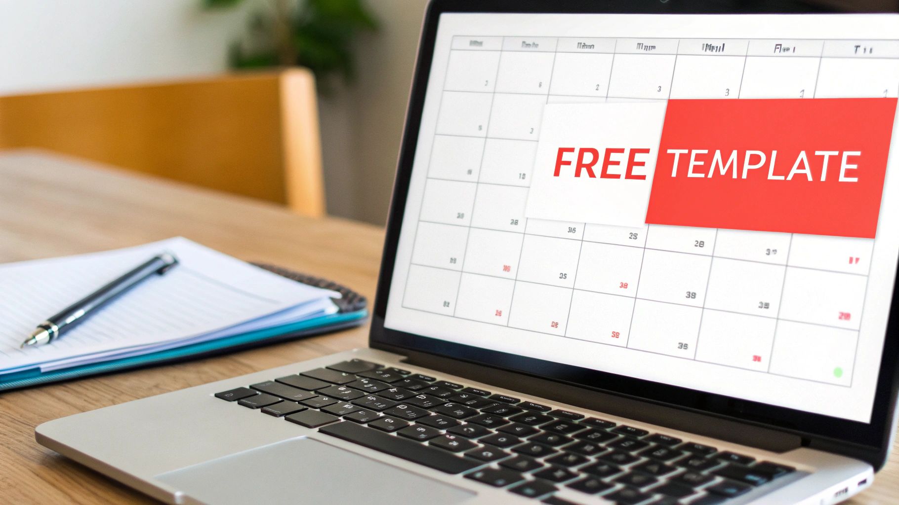 Laptop displaying digital calendar template with free template text on wooden desk workspace