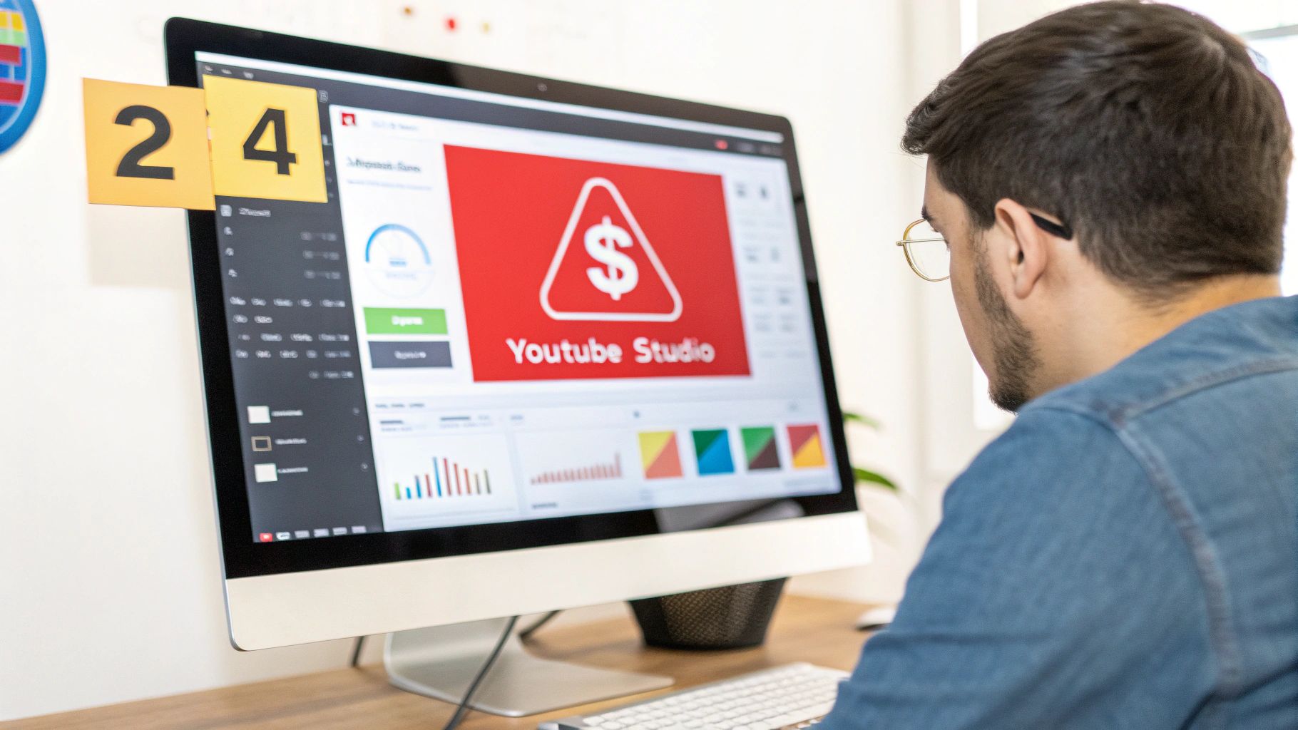 A man views a computer screen showing Youtube Studio analytics with a dollar sign icon.