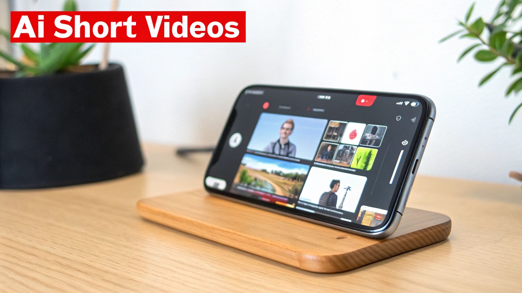 A smartphone displaying a video editing app, resting on a wooden stand, featuring 'Ai Short Videos' text.