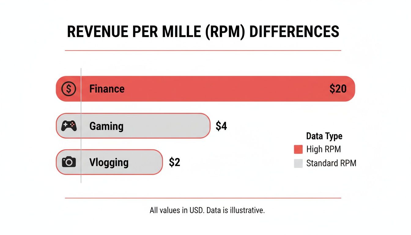 Comparison of Revenue Per Mille (RPM) for YouTube content: Finance ($20), Gaming ($4), and Vlogging ($2).