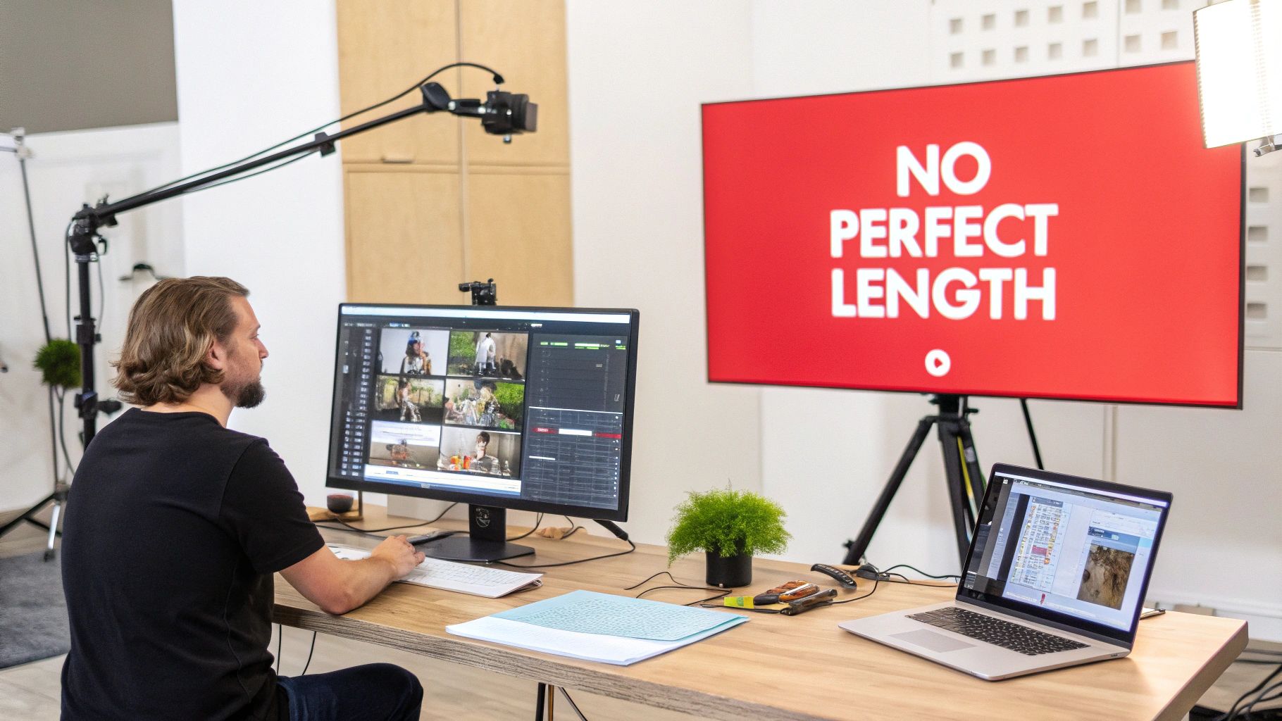 A person editing a video on a laptop with charts and graphs in the background, representing data-driven decisions.