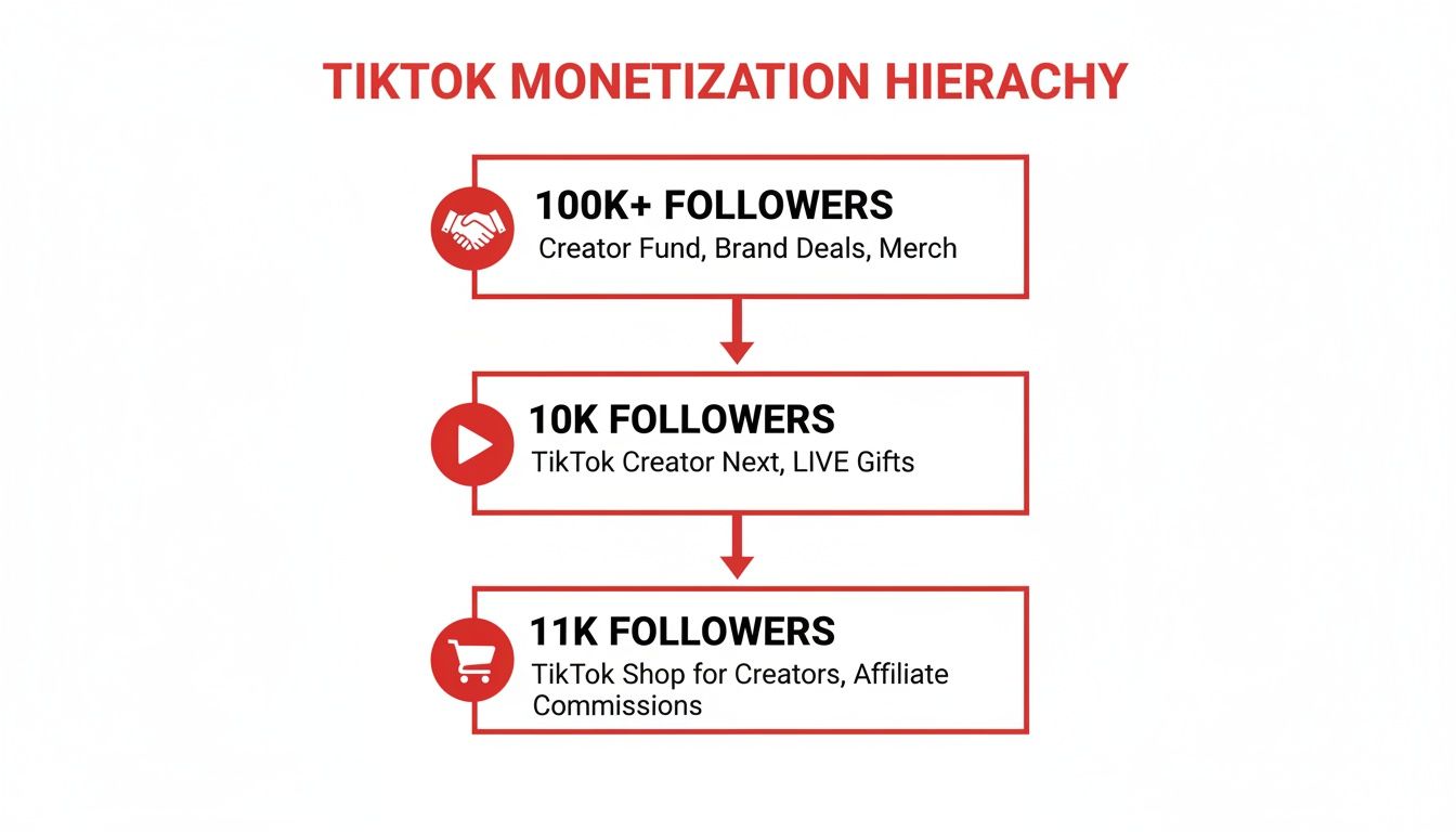 A flowchart illustrates TikTok monetization hierarchy based on follower counts, detailing various earning opportunities.