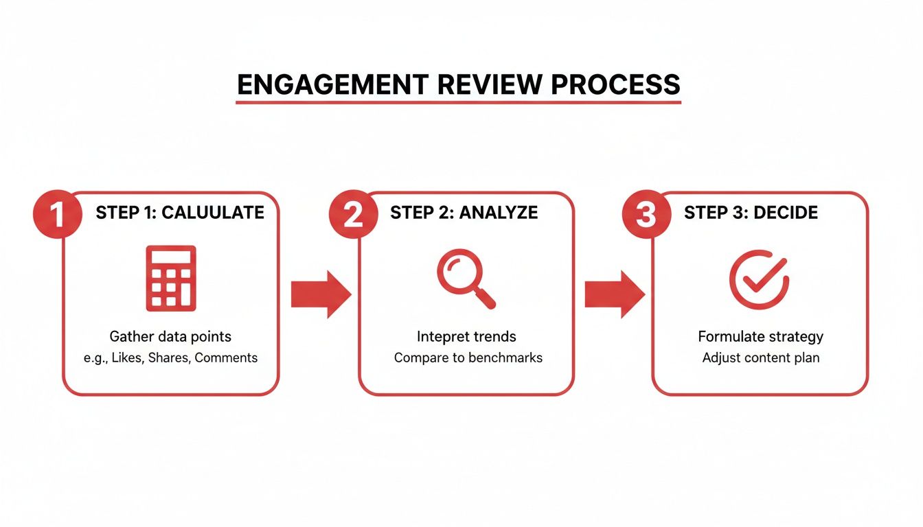 A three-step engagement review process flow: calculate data, analyze trends, and decide strategy.