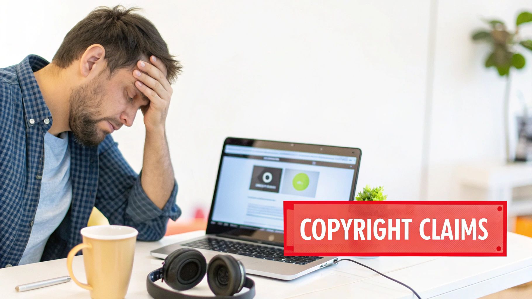 A distressed man sits at a desk with a laptop, seemingly overwhelmed by copyright claims.