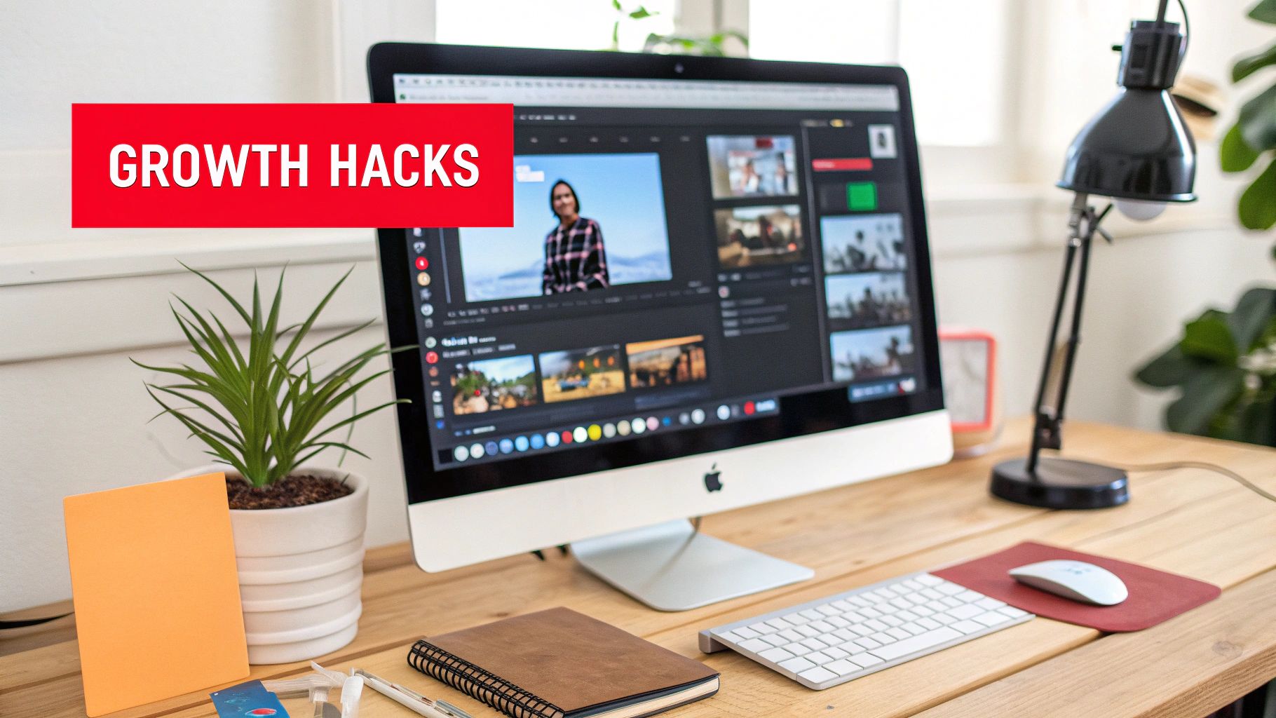 A clean wooden desk with an iMac showing video editing, a plant, and a lamp, with a "GROWTH HACKS" banner.