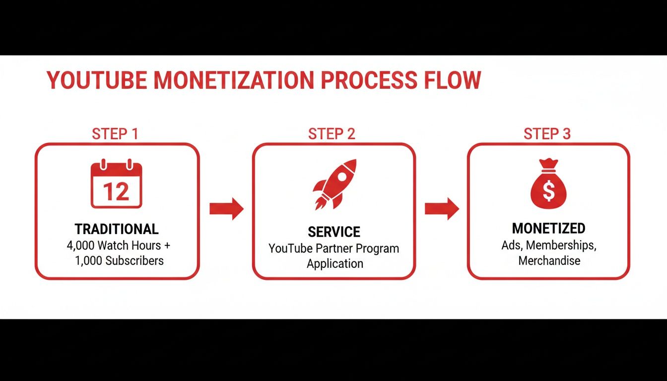 A flow chart illustrating the YouTube monetization process, from eligibility requirements to earning through ads and memberships.