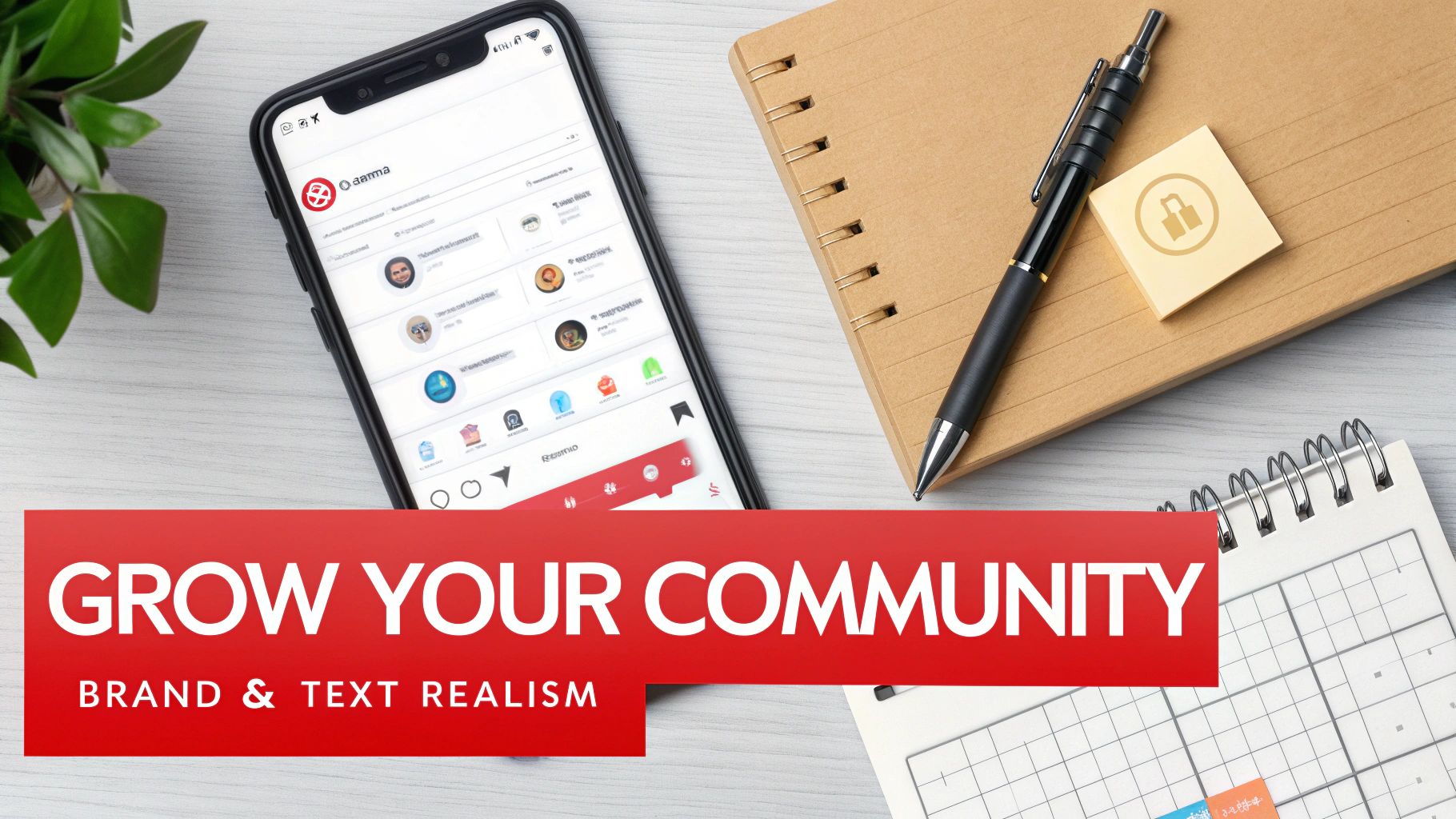 A flat lay of a smartphone showing a community app, notebooks, pen, and a banner with 'GROW YOUR COMMUNITY'.