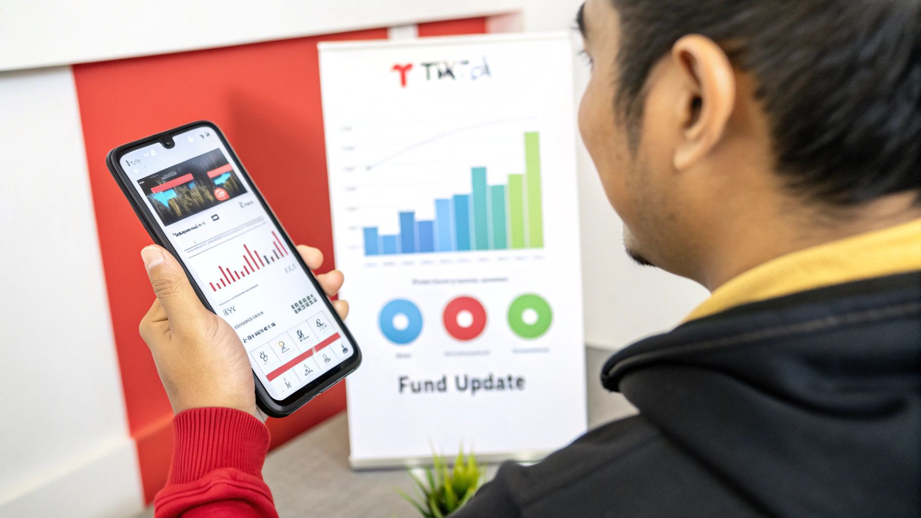 A smartphone showing the TikTok logo with a background of floating currency symbols, representing monetization.