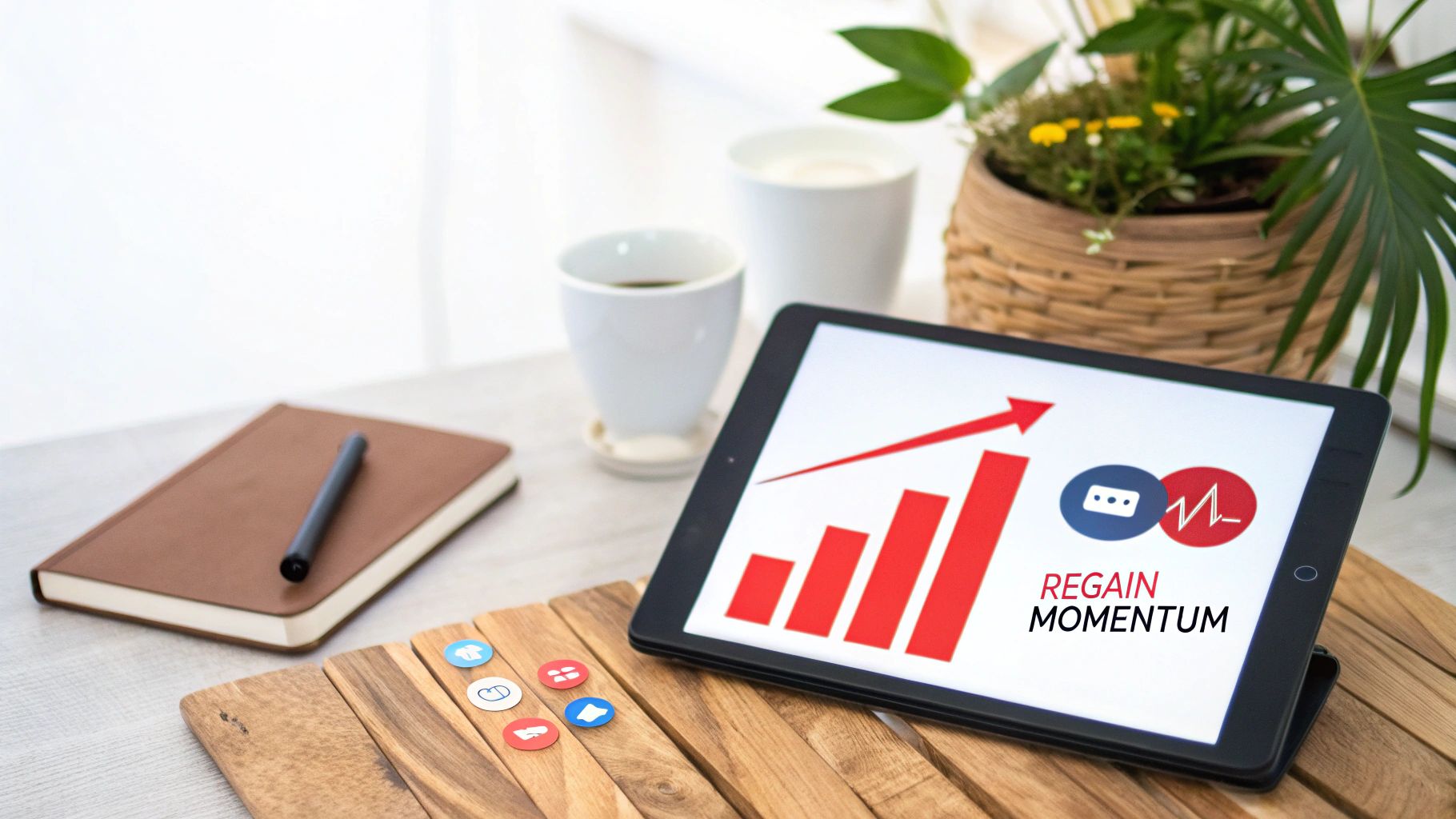 Tablet displaying a 'Regain Momentum' growth chart, a notebook, coffee cups, and a plant on a desk.