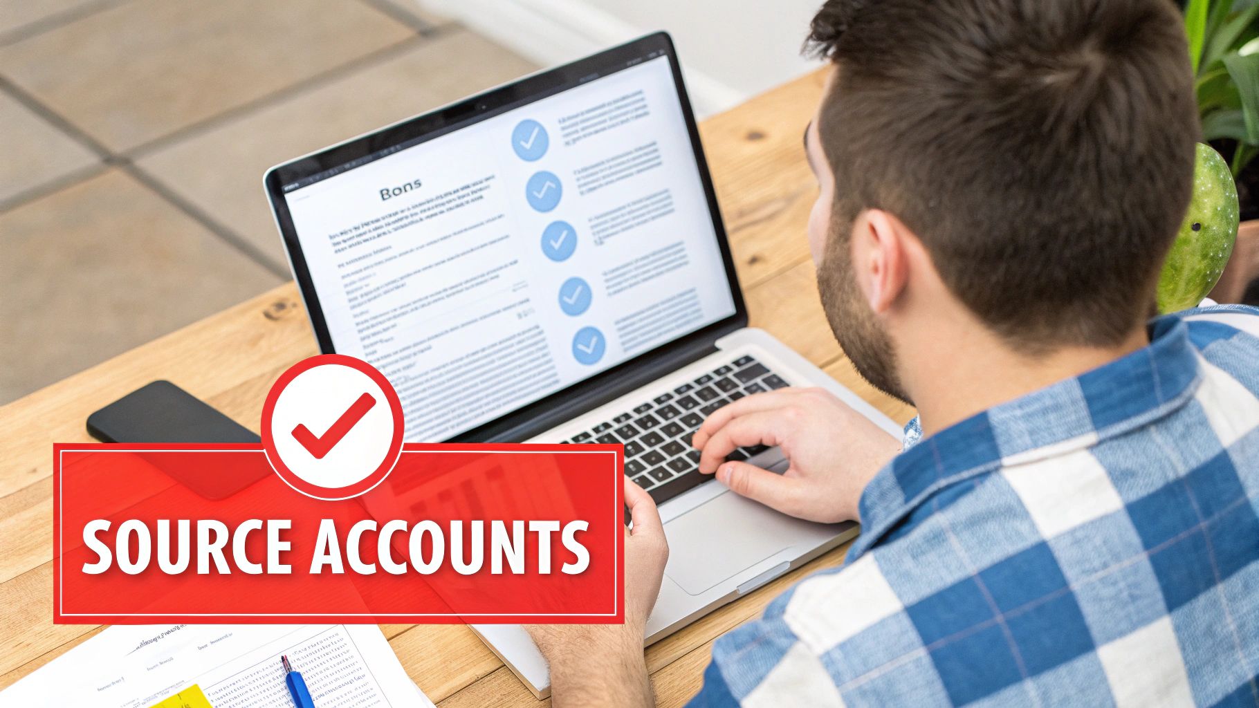 A man works on a laptop displaying a checklist, with a 'SOURCE ACCOUNTS' graphic overlay.