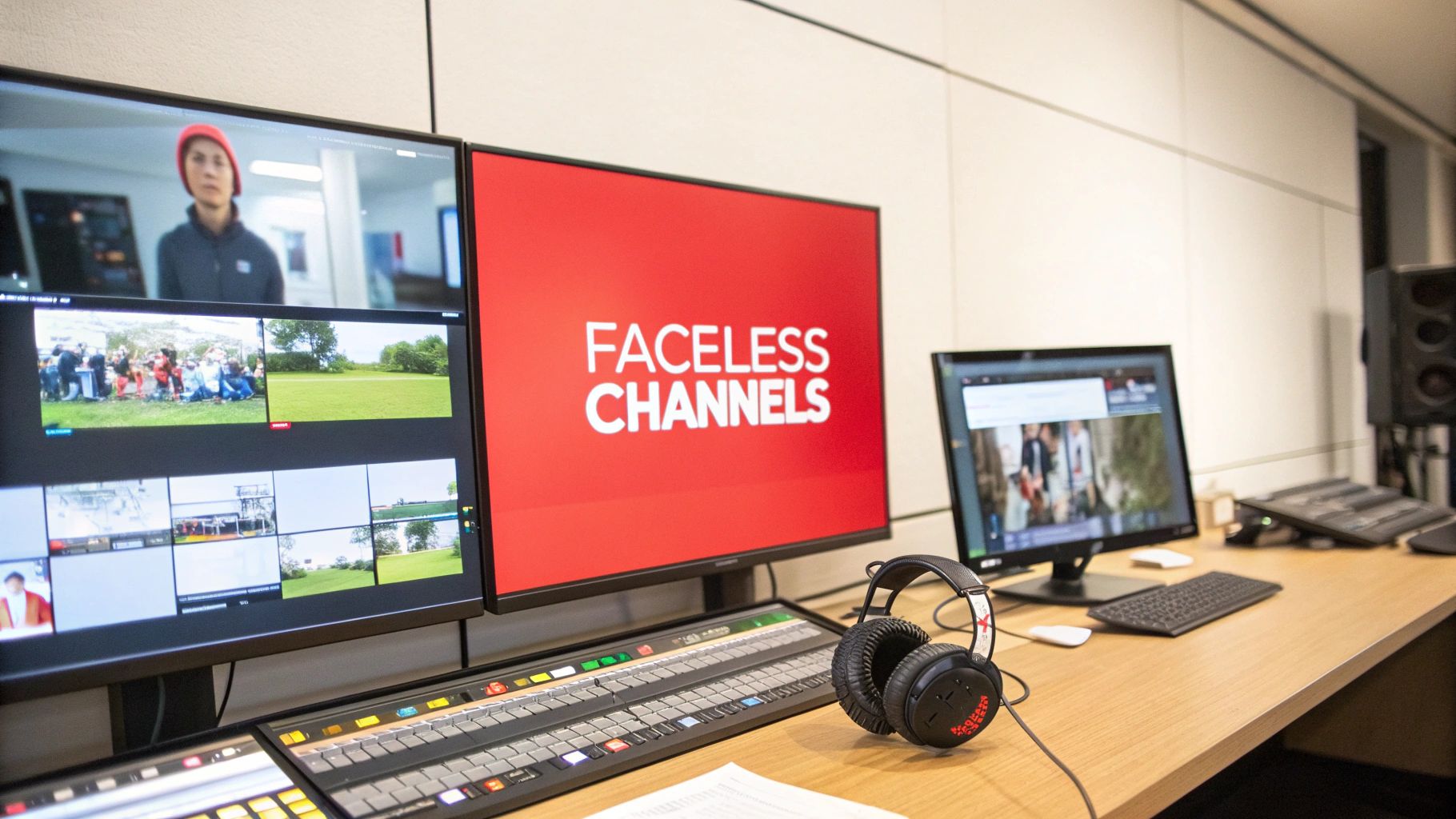 A video production control room with multiple monitors displaying content, a control panel, and headphones on a wooden desk.