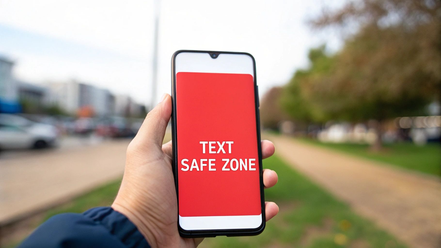 A person holds a smartphone displaying 'TEXT SAFE ZONE' on a red screen, with a blurred outdoor background.