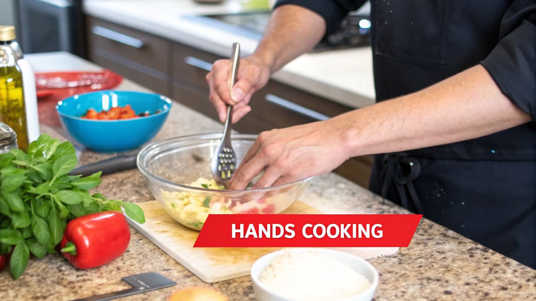 A top-down view of a person preparing food on a wooden cutting board, showcasing the hands-only style of faceless cooking channels.