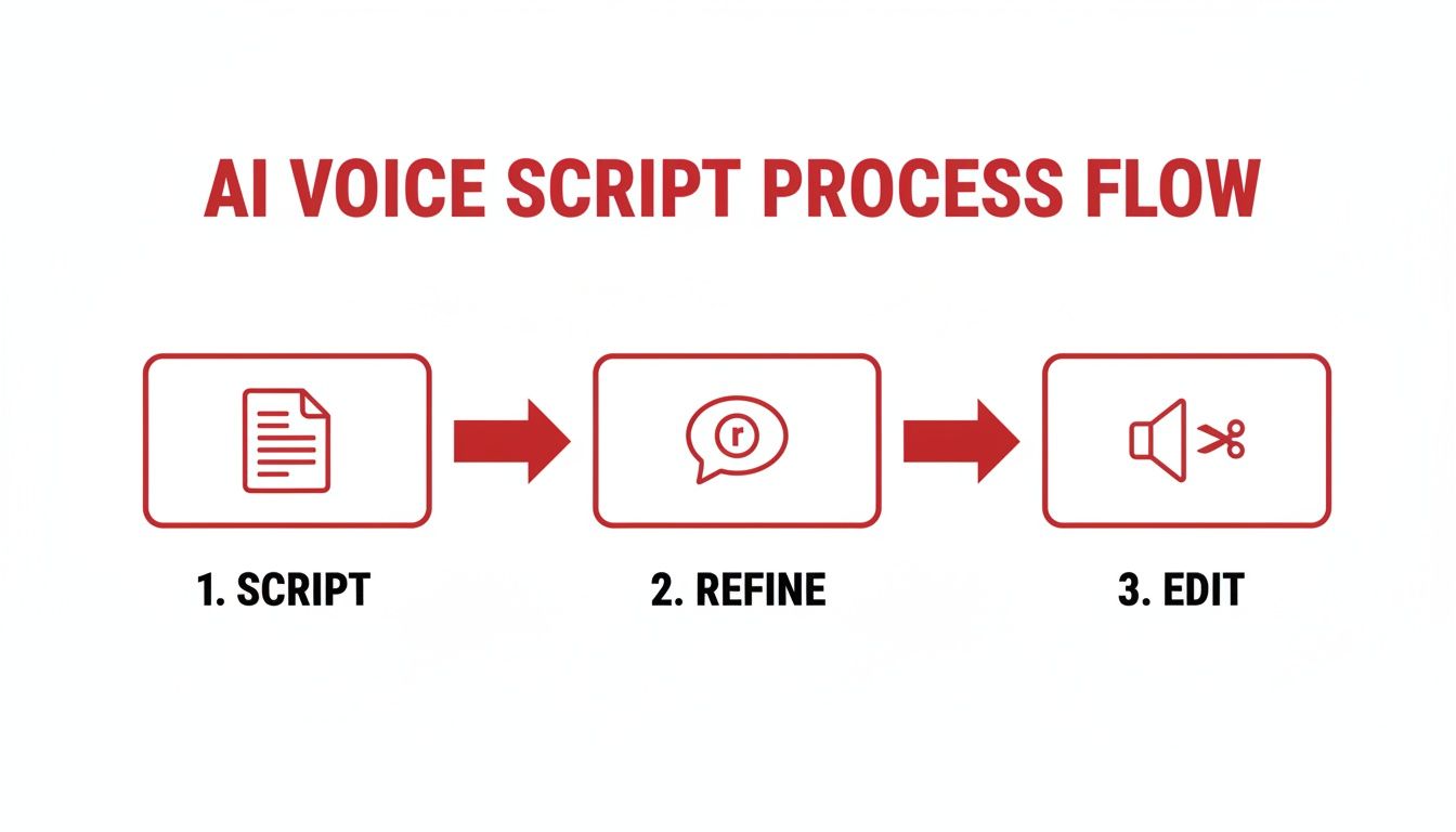 A red and white flow chart illustrating the AI voice script process with steps: script, refine, and edit.