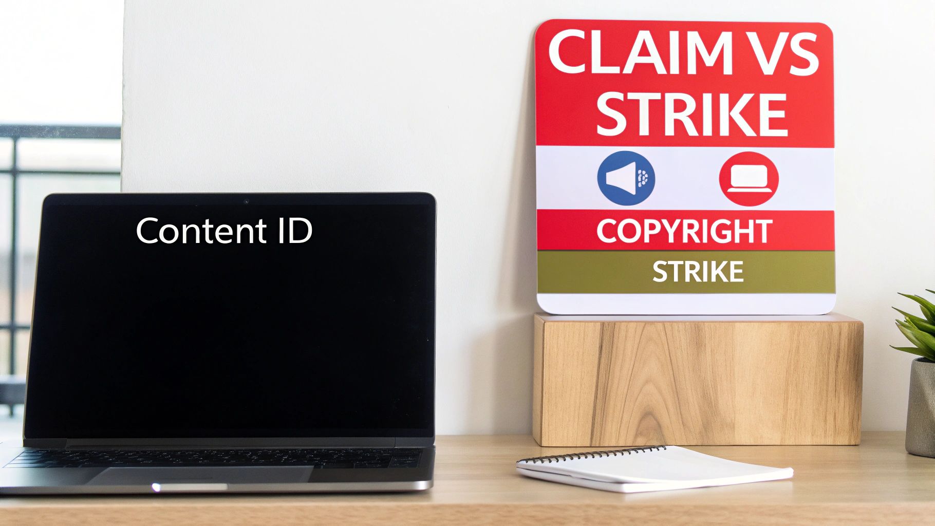 A laptop showing 'Content ID' next to a sign explaining 'CLAIM VS STRIKE' and 'COPYRIGHT STRIKE'.