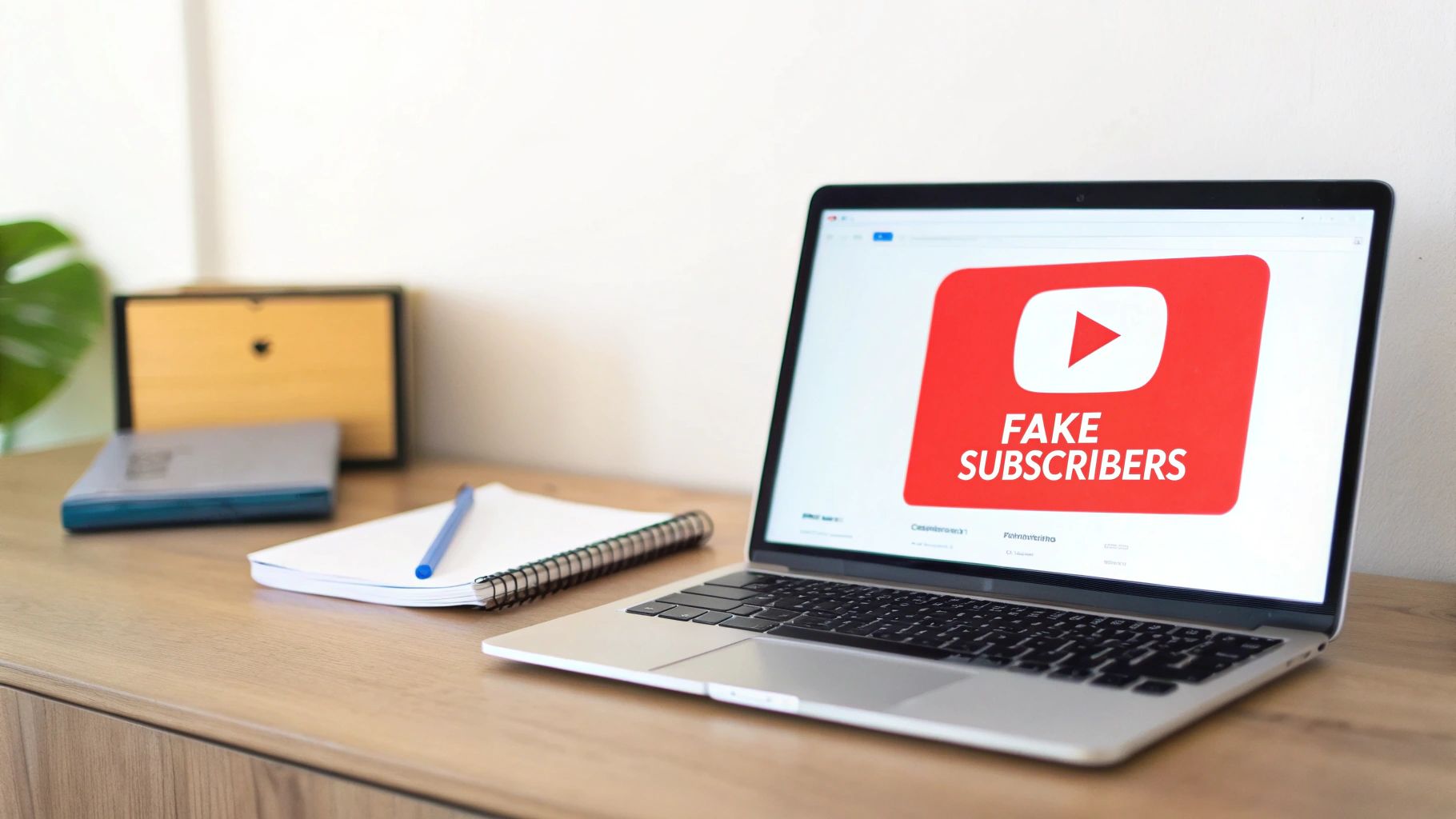 A laptop screen displays a YouTube logo with the text 'FAKE SUBSCRIBERS' on a wooden desk.
