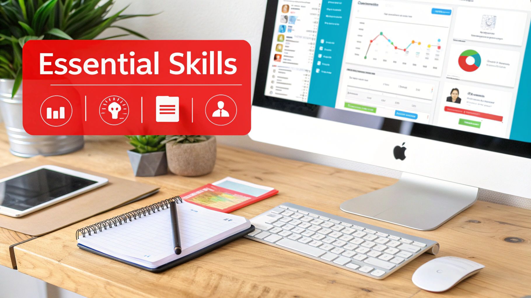 A modern desk with a computer showing a data dashboard and a red banner saying 'Essential Skills' with icons.