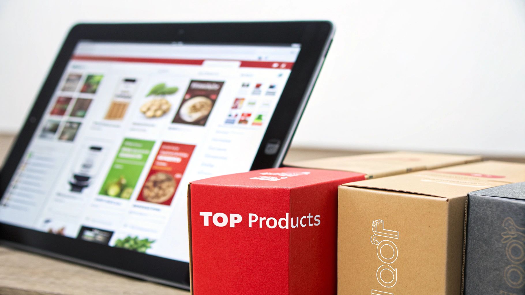 A tablet displaying an e-commerce website with diverse products next to multiple packaged 'TOP Products' boxes, symbolizing online shopping.