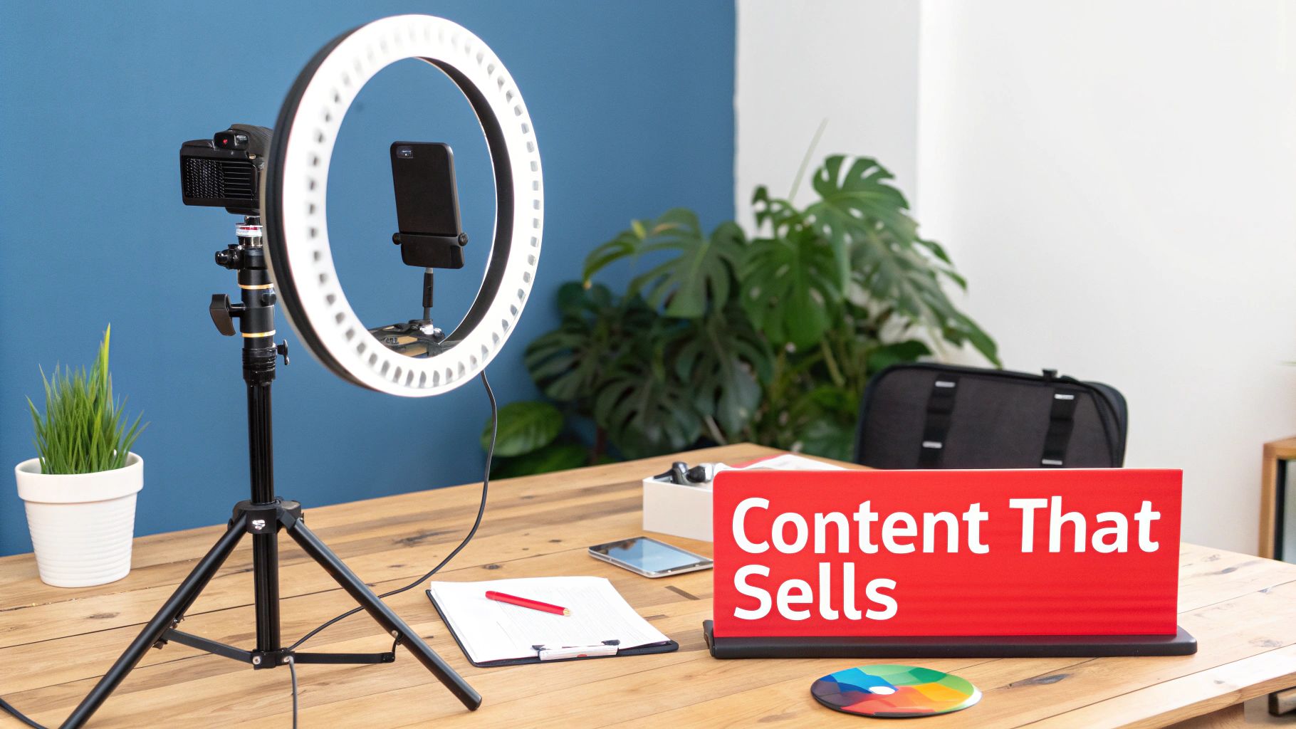 A professional content creation setup featuring a ring light, camera, phone, and a 'Content That Sells' sign.