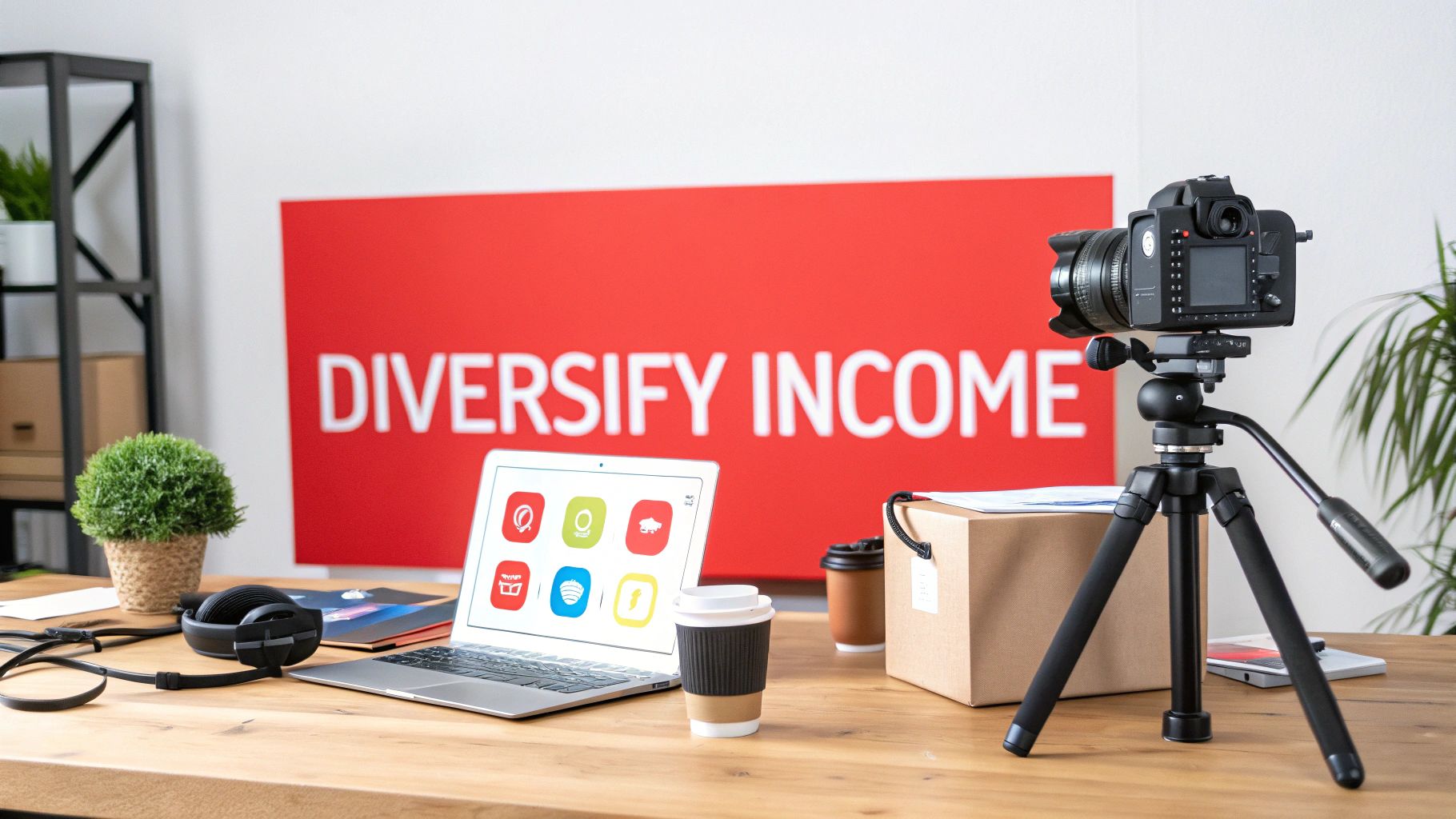 A home office setup with a camera on a tripod, laptop showing diverse app icons, and a banner saying 'Diversify Income'.