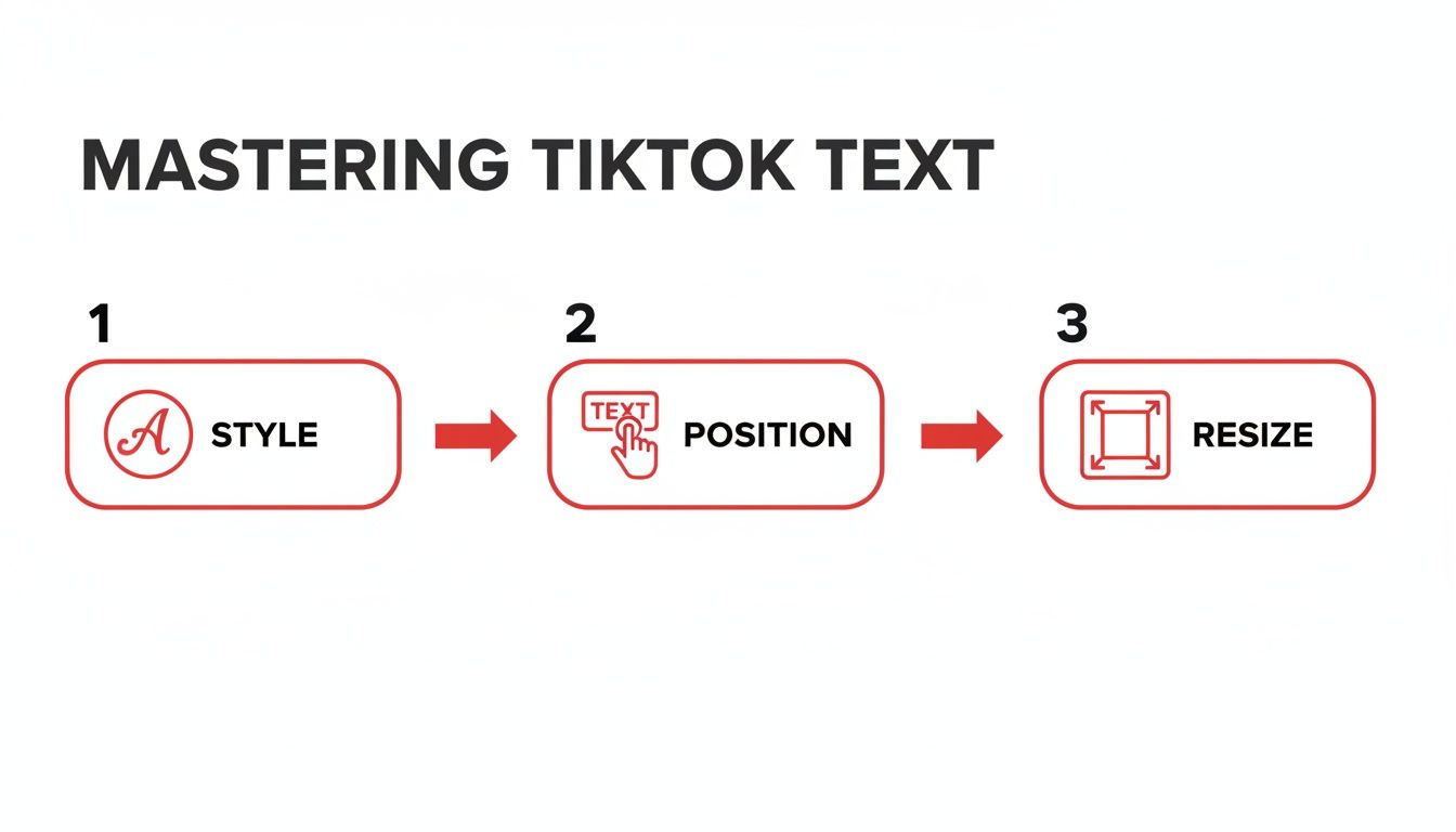 A three-step visual guide on mastering TikTok text: style, position, and resize options.